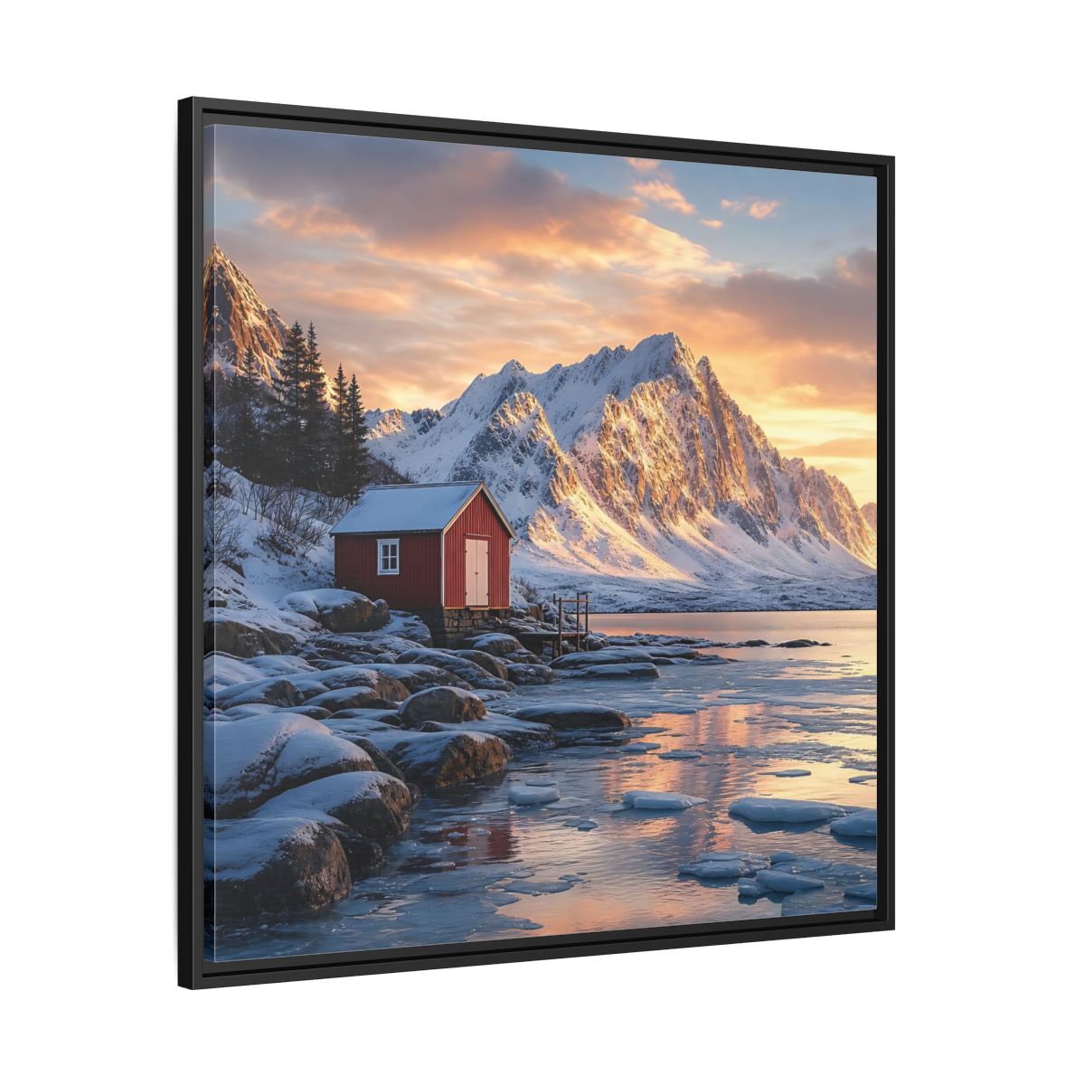 Side Mockup 30. Nature Red Cabin Winter Landscape Red Cabin shown as stretched canvas wall art