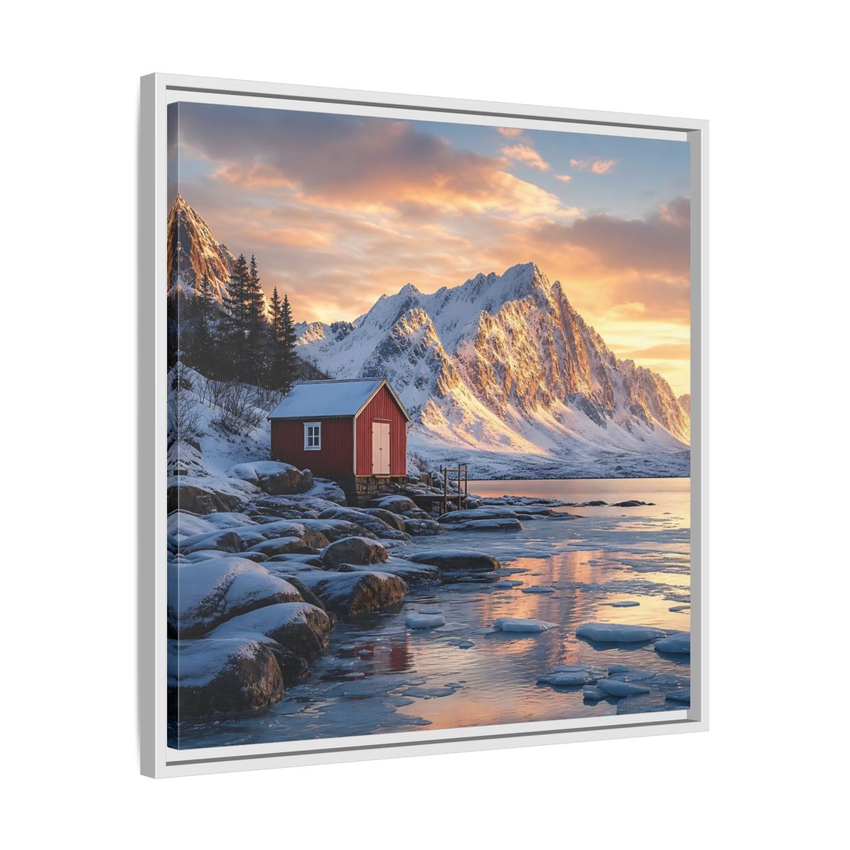Side Mockup 26. Nature Red Cabin Winter Landscape Red Cabin shown as stretched canvas wall art