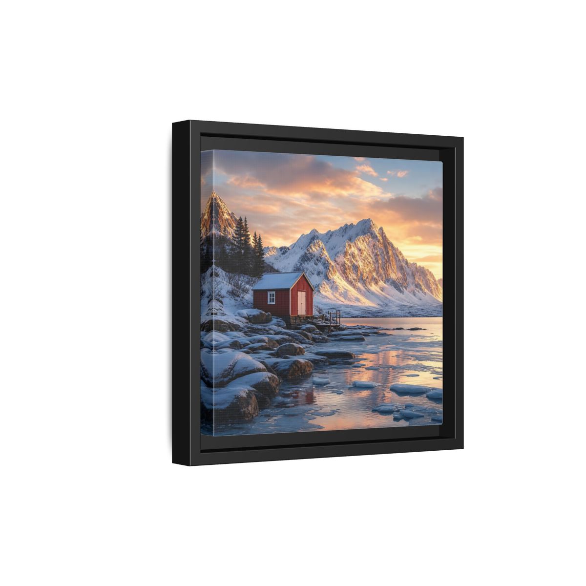 Side Mockup 21. Nature Red Cabin Winter Landscape Red Cabin shown as stretched canvas wall art