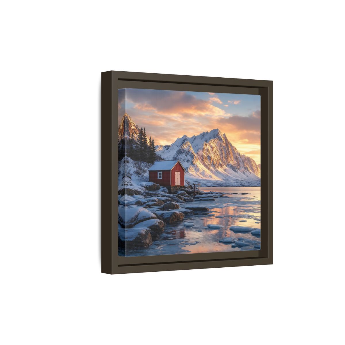 Side Mockup 20. Nature Red Cabin Winter Landscape Red Cabin shown as stretched canvas wall art