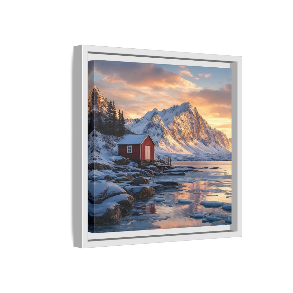 Side Mockup 16. Nature Red Cabin Winter Landscape Red Cabin shown as stretched canvas wall art