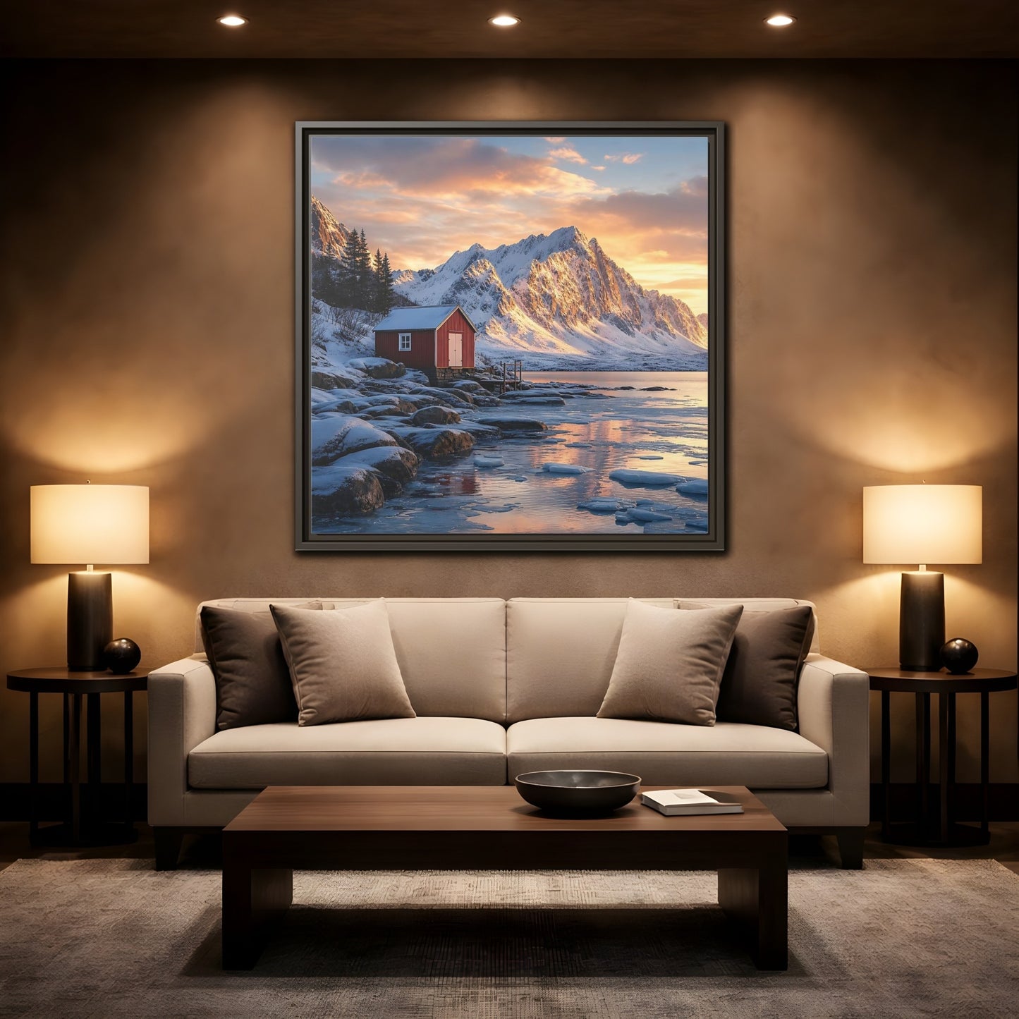 Mockup 2. Nature Red Cabin Winter Landscape Red Cabin shown as stretched canvas wall art