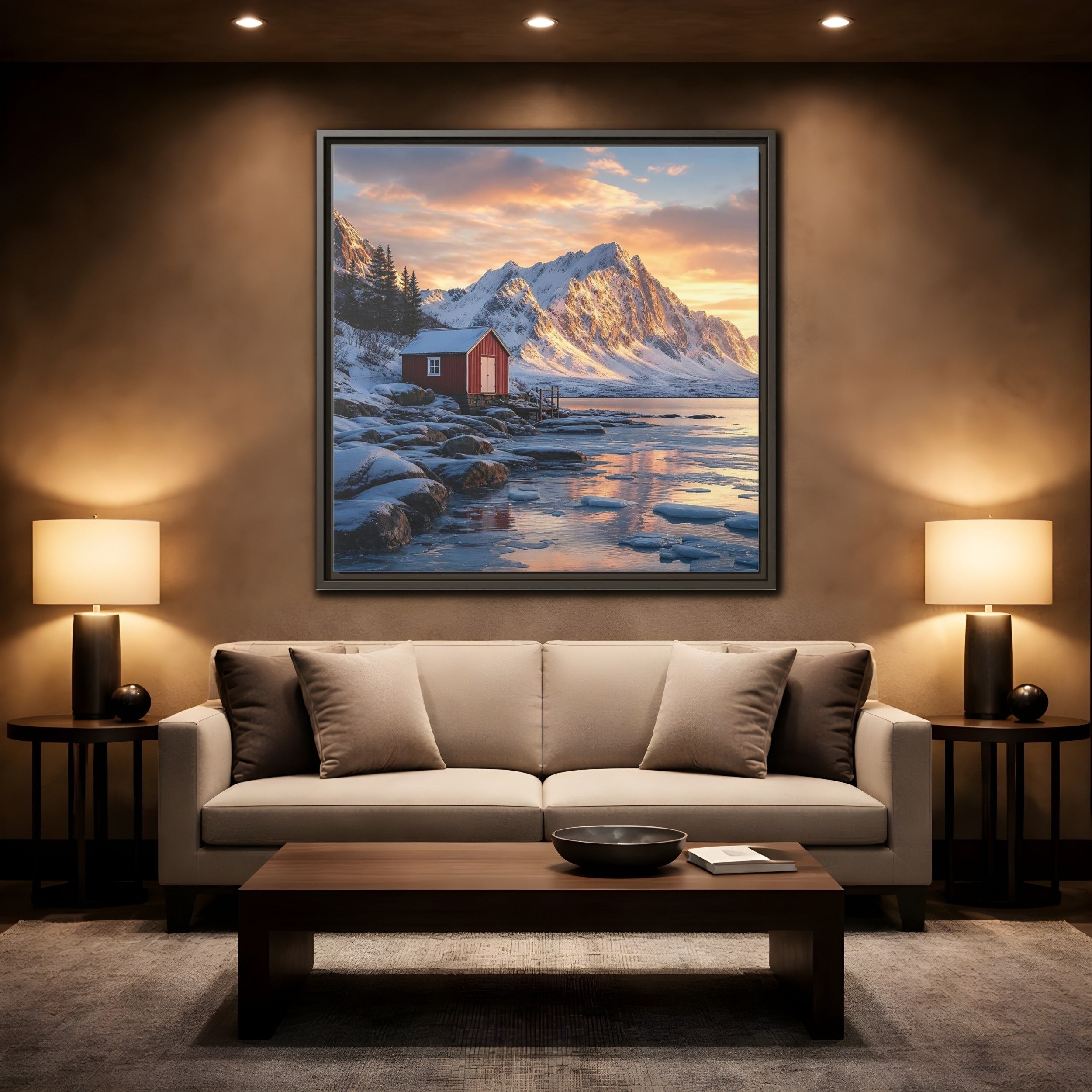 Mockup 2. Nature Red Cabin Winter Landscape Red Cabin shown as stretched canvas wall art