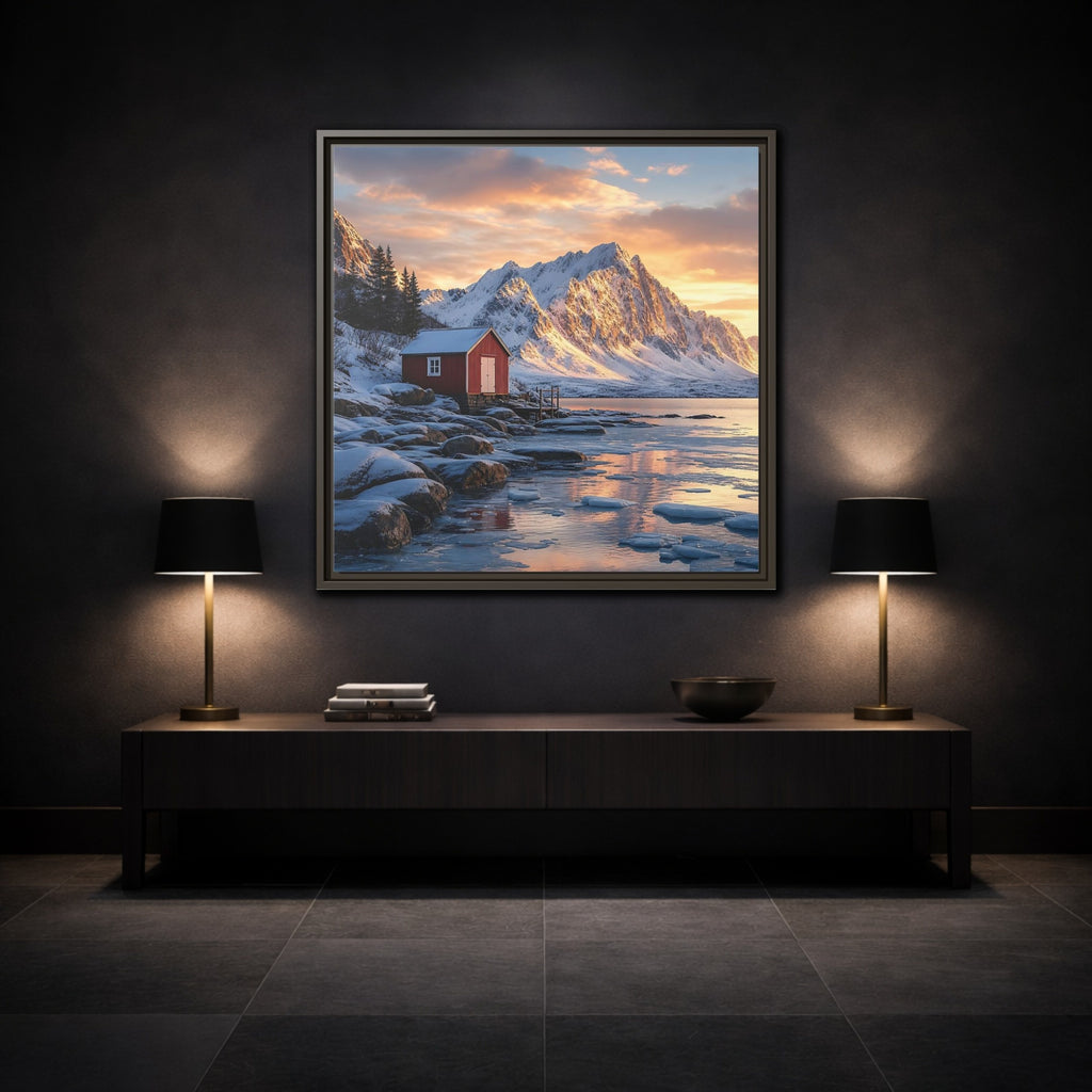 Mockup 3. Nature Red Cabin Winter Landscape Red Cabin shown as stretched canvas wall art