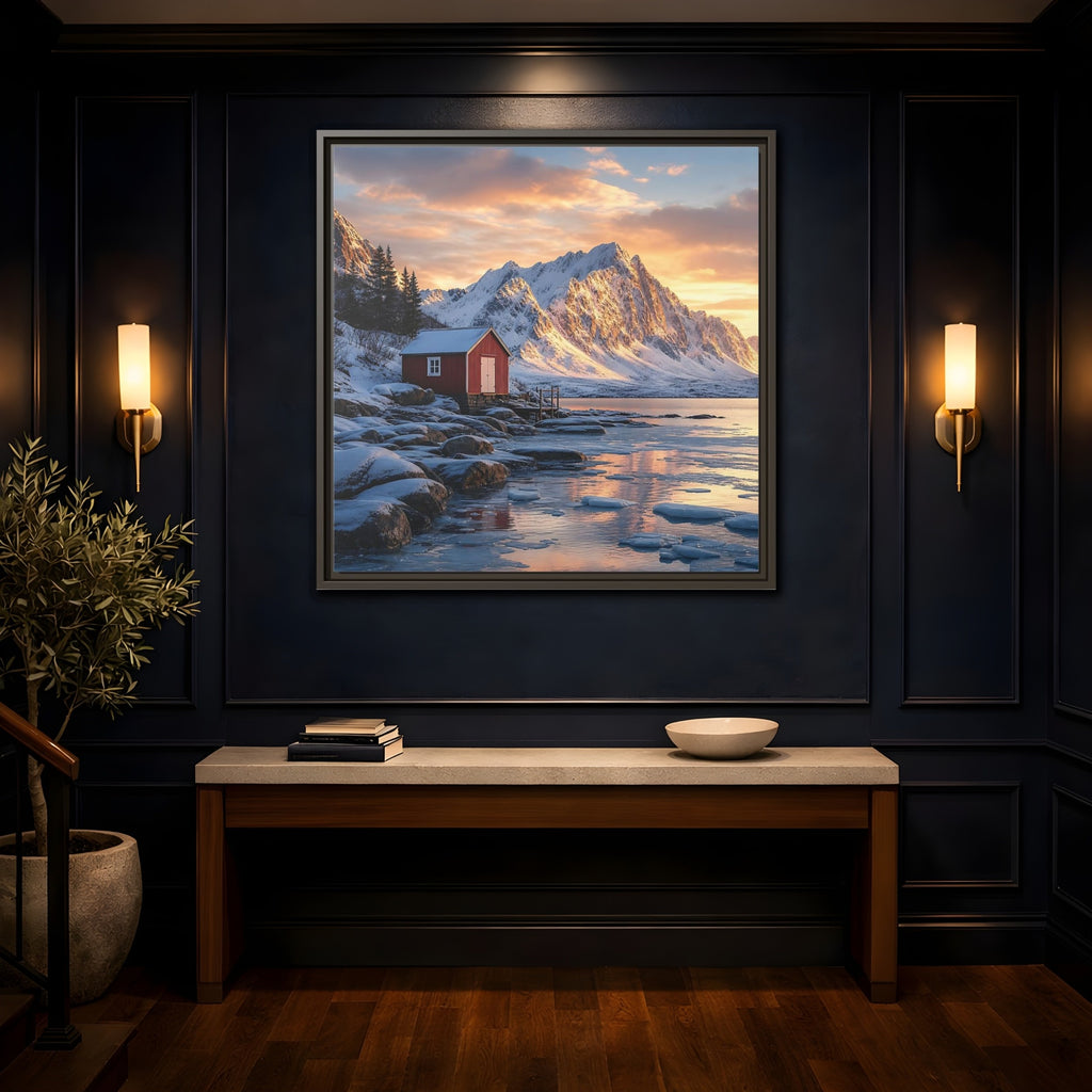Mockup 4. Nature Red Cabin Winter Landscape Red Cabin shown as stretched canvas wall art