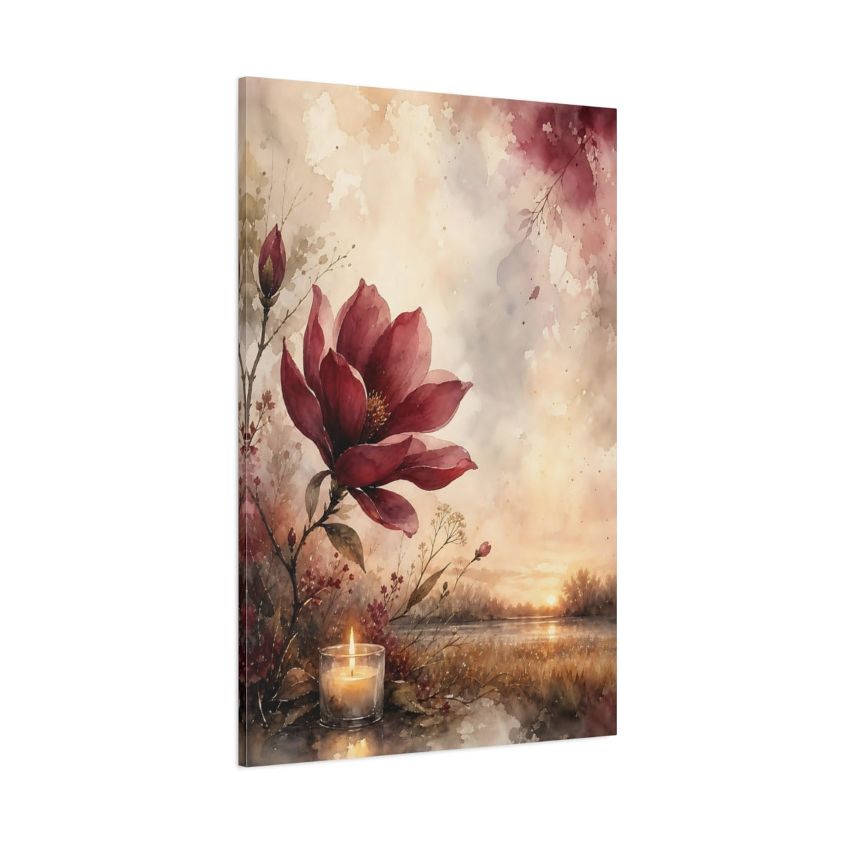 Side Mockup 1. Nature Red Flower Red Floral Sunset shown as stretched canvas wall art