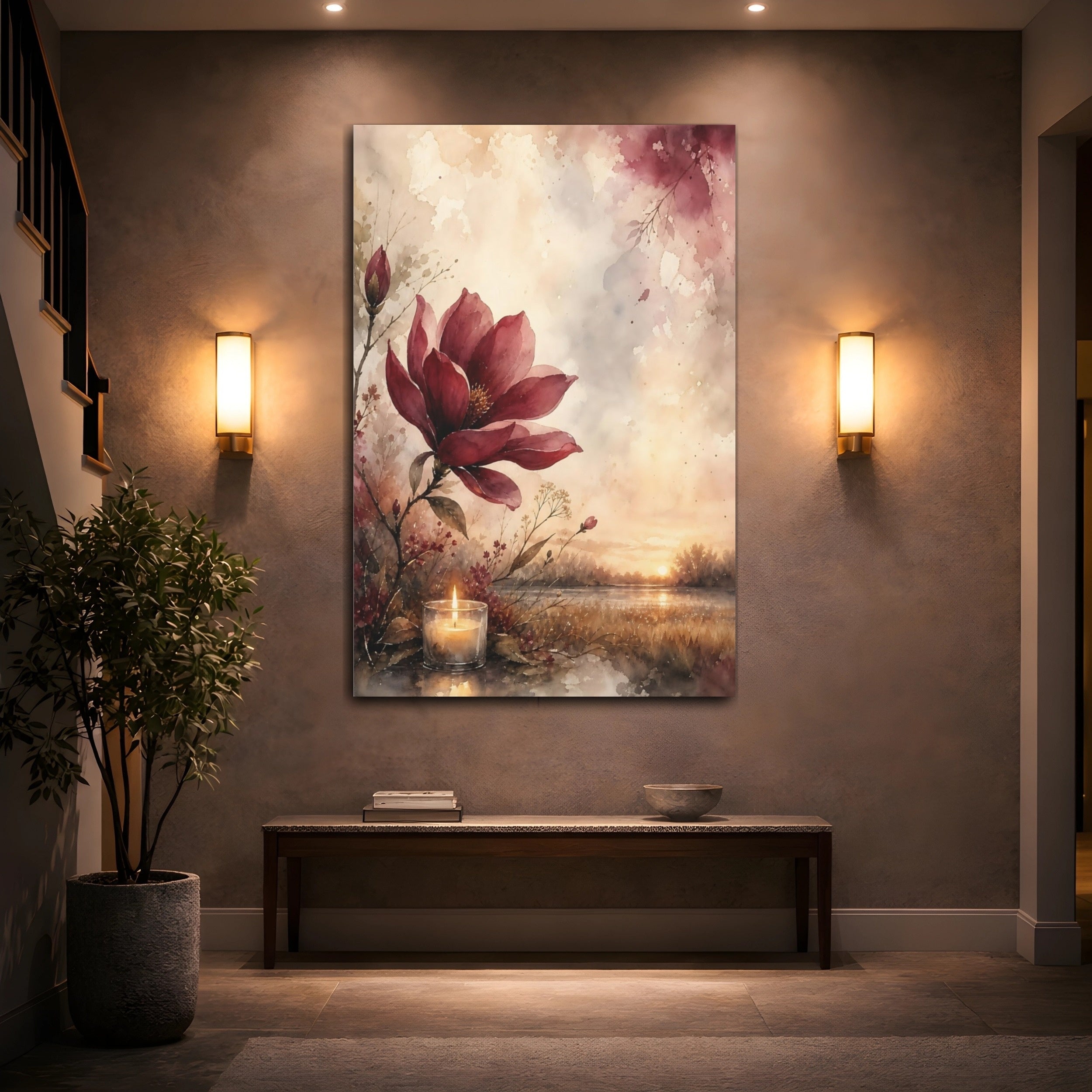 Mockup 2. Nature Red Flower Red Floral Sunset shown as stretched canvas wall art