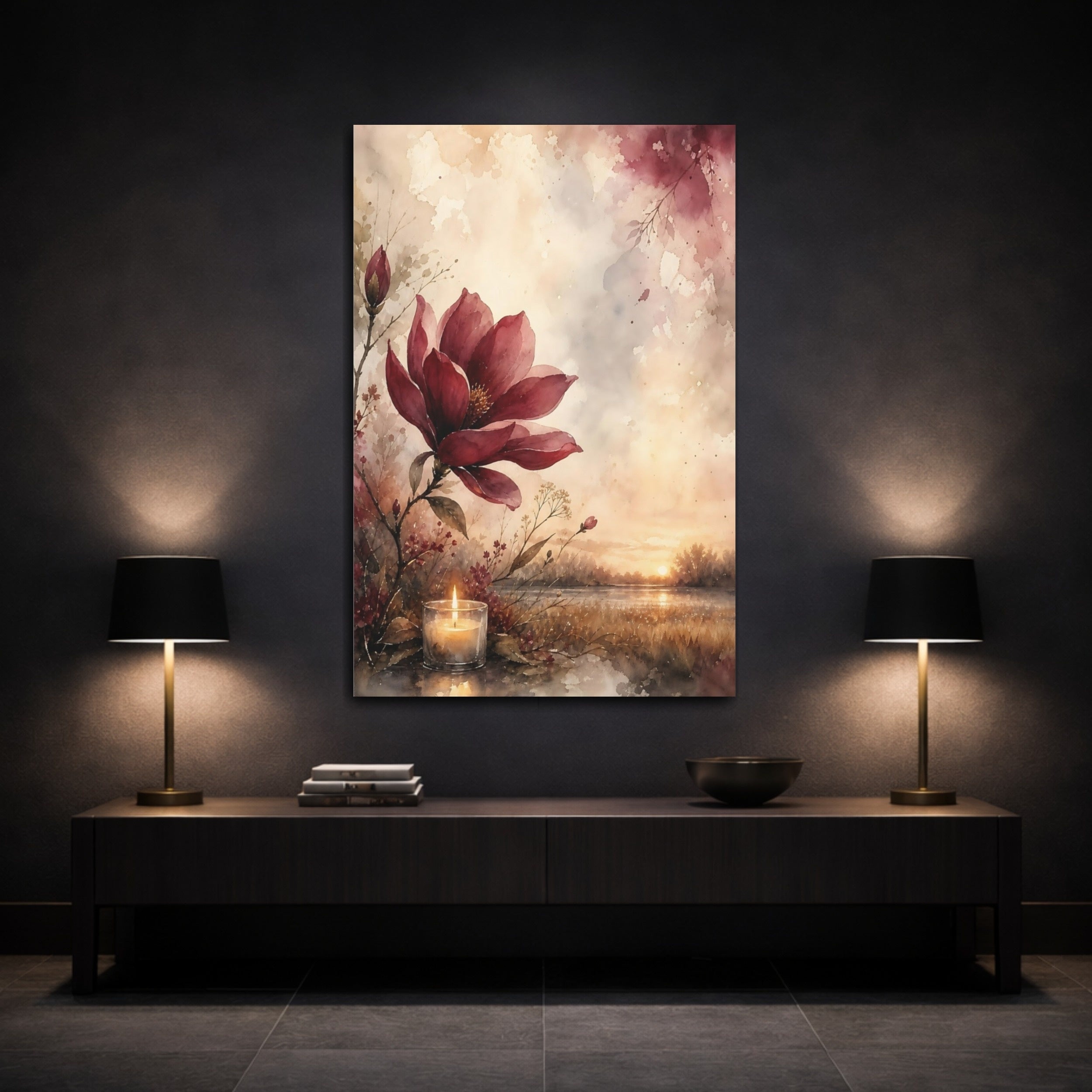 Mockup 3. Nature Red Flower Red Floral Sunset shown as stretched canvas wall art