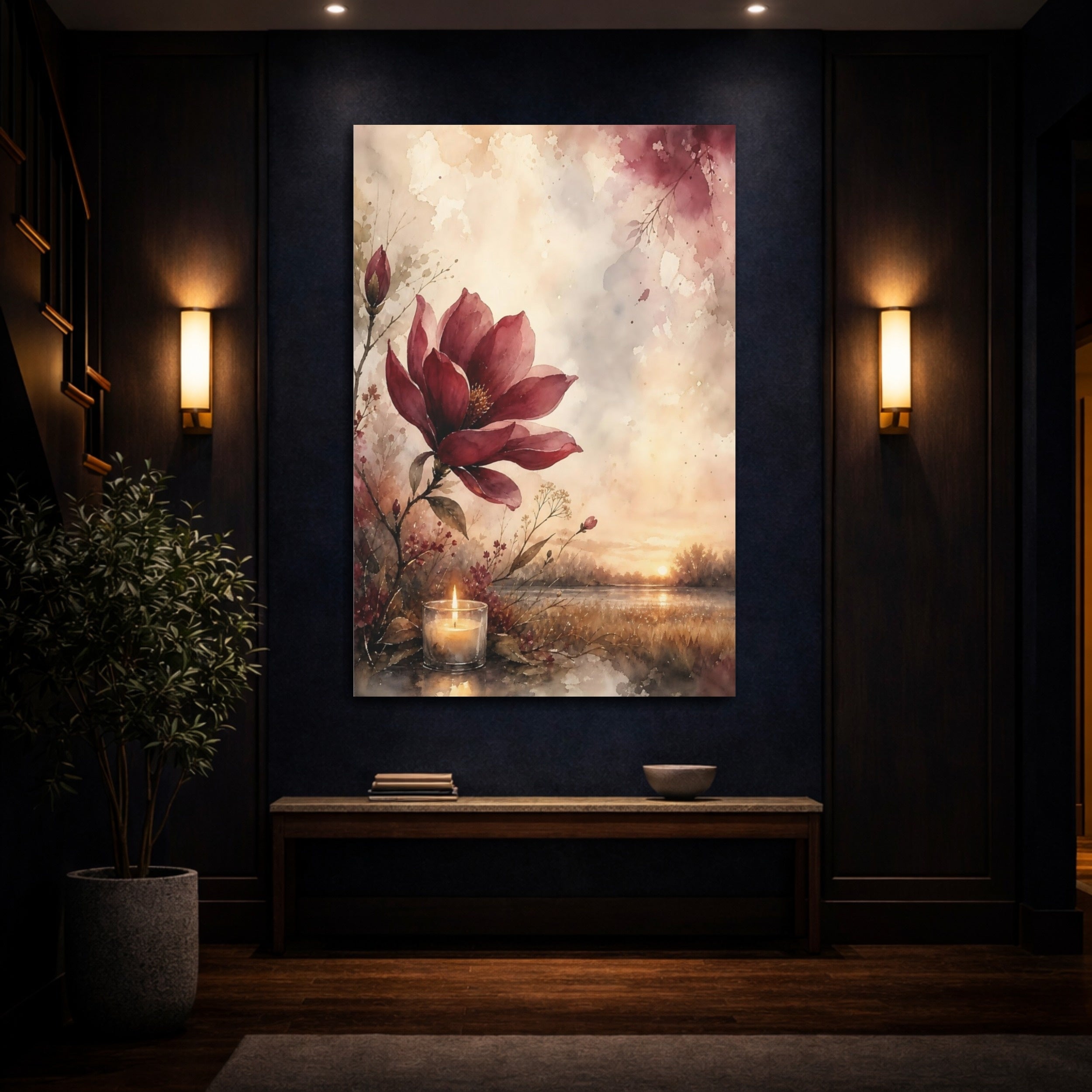 Mockup 4. Nature Red Flower Red Floral Sunset shown as stretched canvas wall art