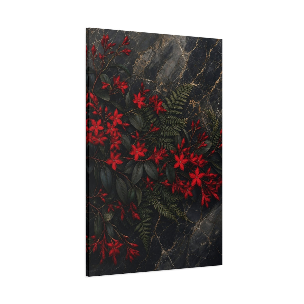 Side Mockup 1. Nature Red Flowers Red And Dark shown as stretched canvas wall art