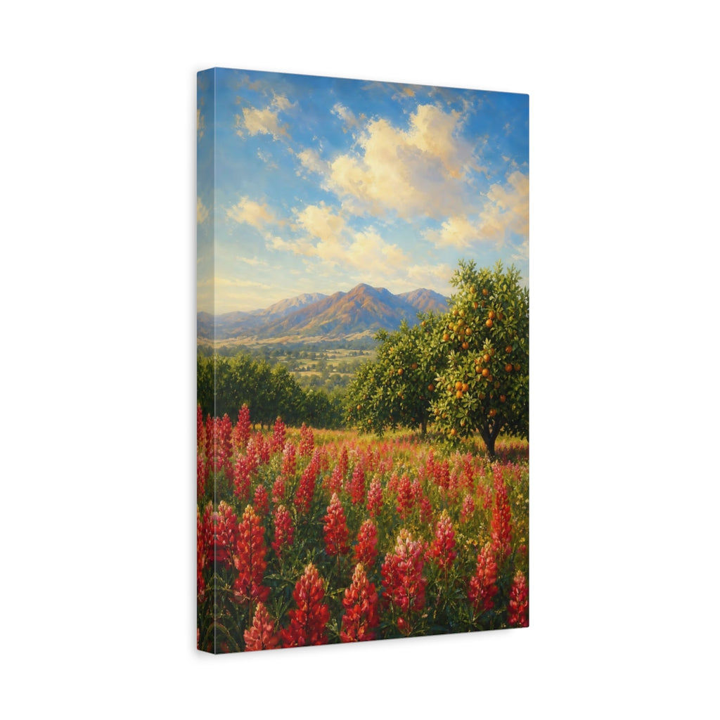 Side Mockup 4. Nature Red Flowers Red Flowers Landscape shown as stretched canvas wall art