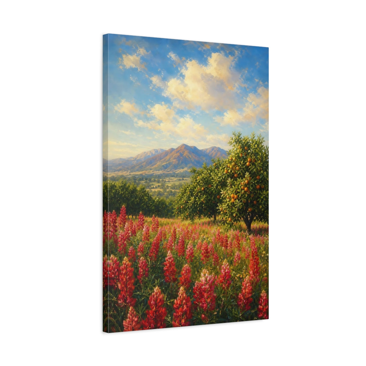 Side Mockup 2. Nature Red Flowers Red Flowers Landscape shown as stretched canvas wall art