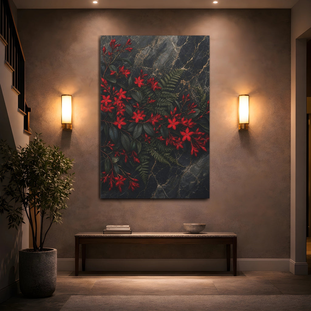 Mockup 2. Nature Red Flowers Red And Dark shown as stretched canvas wall art
