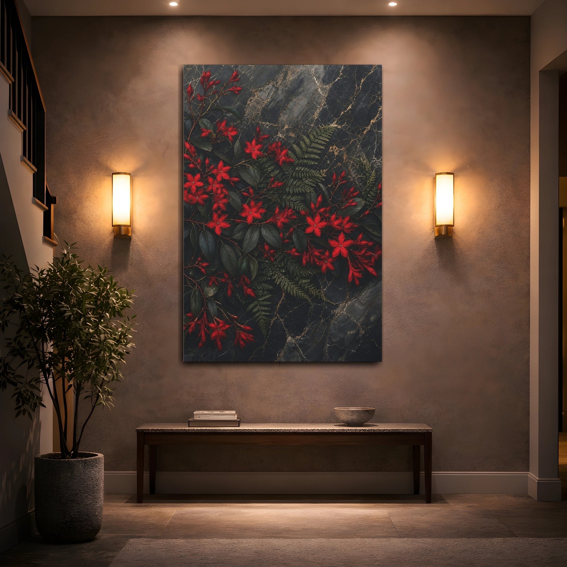 Mockup 2. Nature Red Flowers Red And Dark shown as stretched canvas wall art