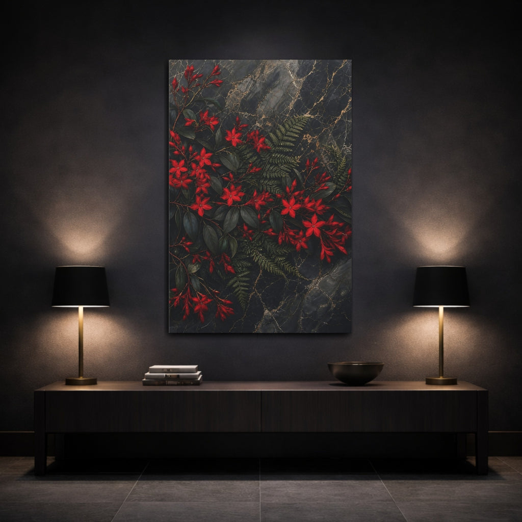 Mockup 3. Nature Red Flowers Red And Dark shown as stretched canvas wall art