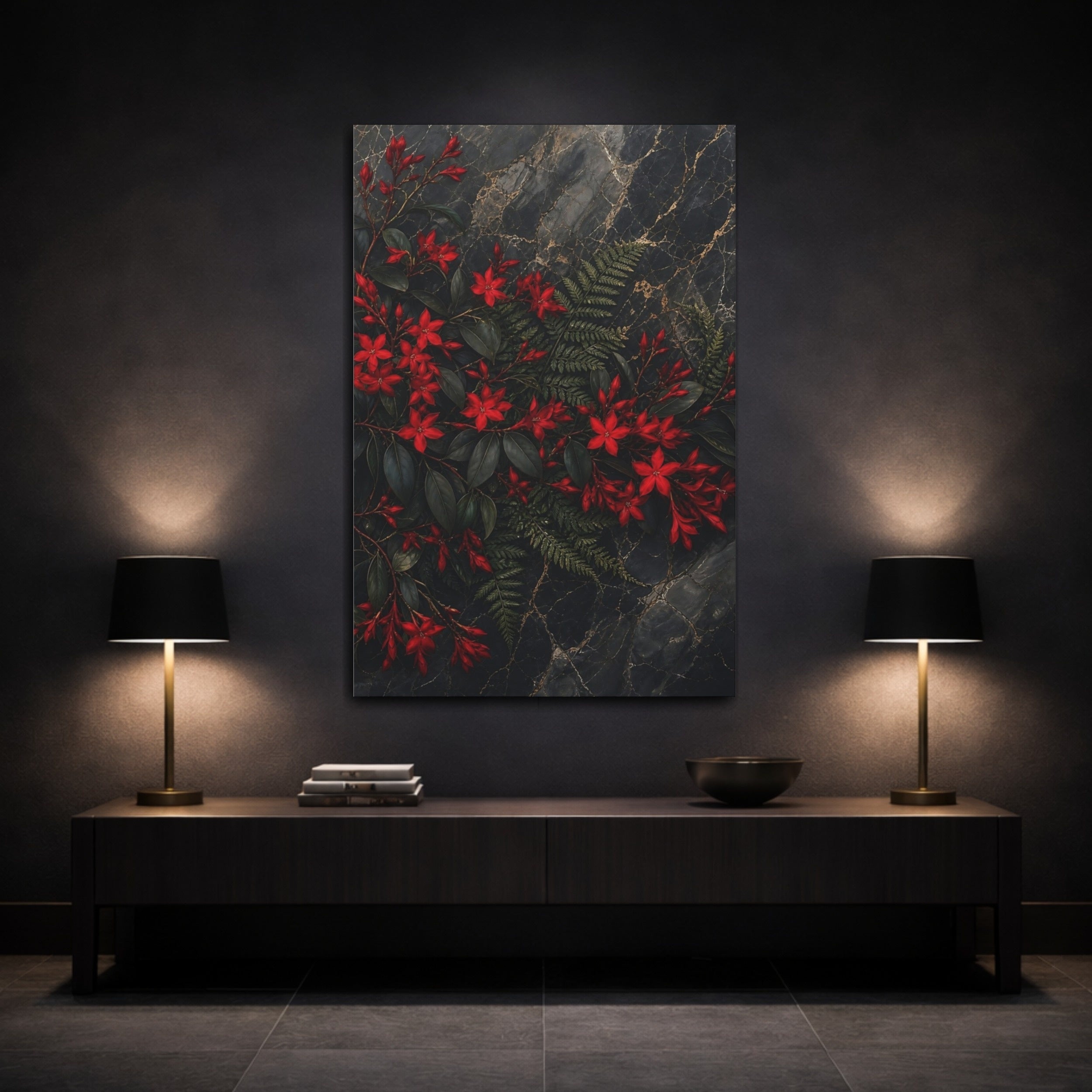 Mockup 3. Nature Red Flowers Red And Dark shown as stretched canvas wall art