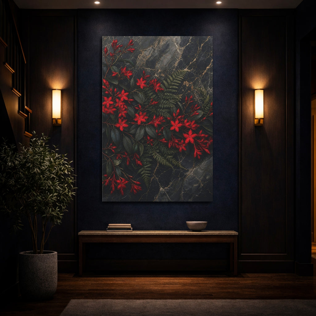 Mockup 4. Nature Red Flowers Red And Dark shown as stretched canvas wall art