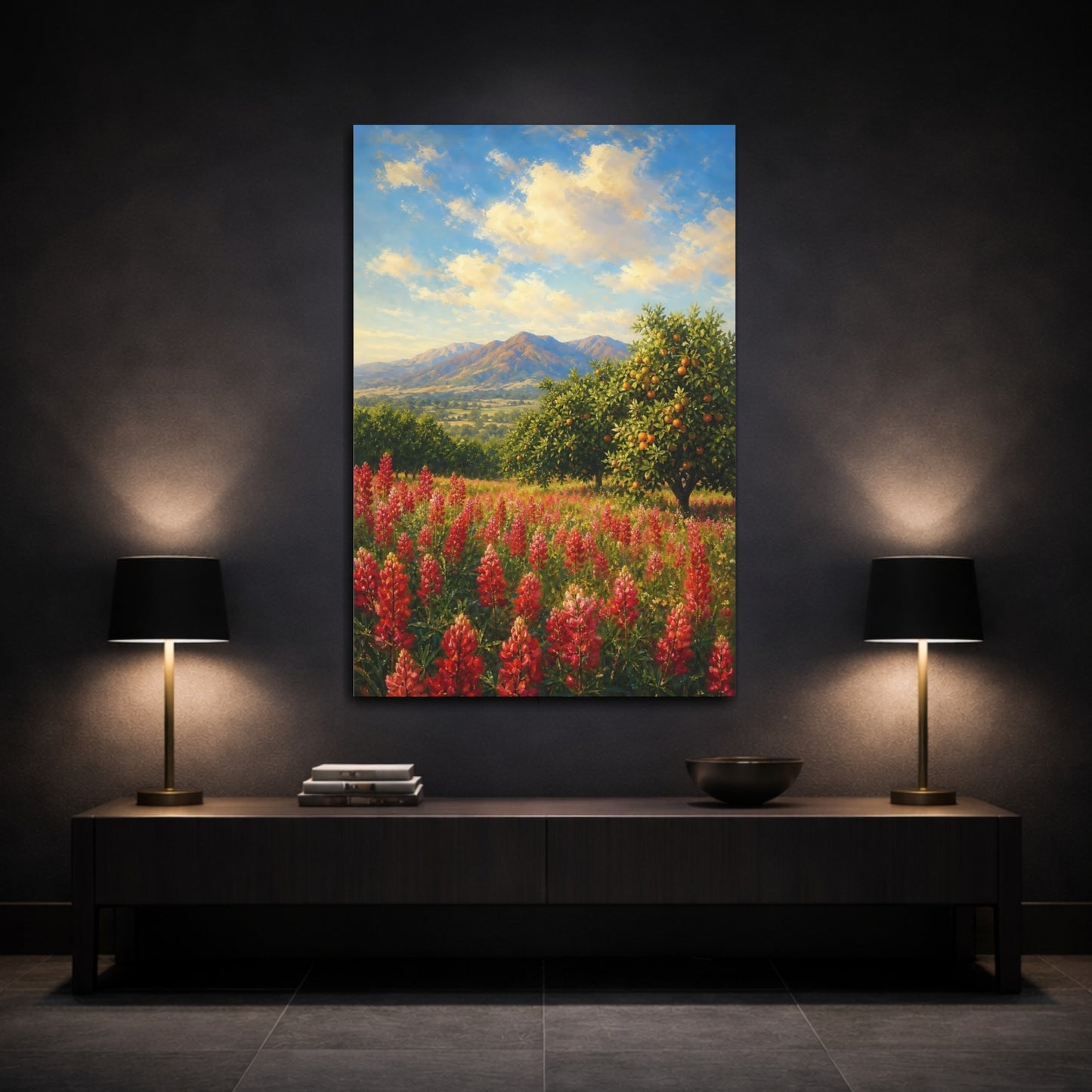 Mockup 3. Nature Red Flowers Red Flowers Landscape shown as stretched canvas wall art