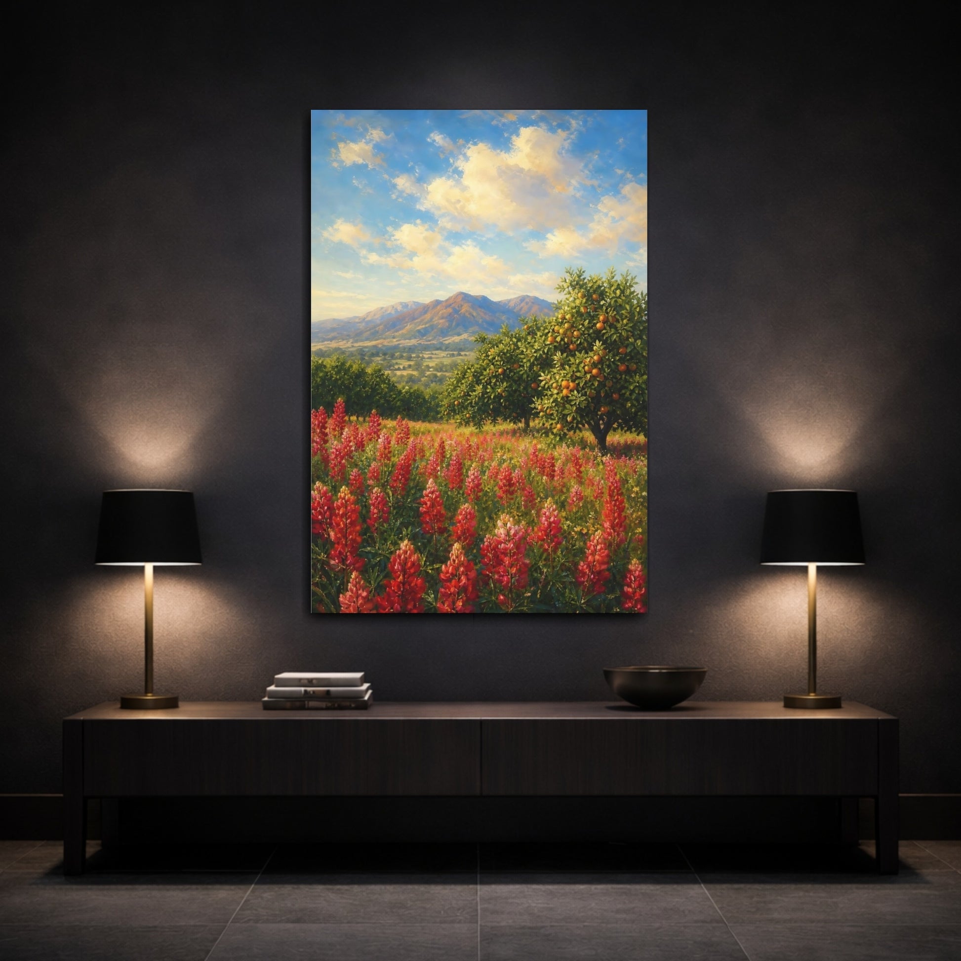 Mockup 3. Nature Red Flowers Red Flowers Landscape shown as stretched canvas wall art