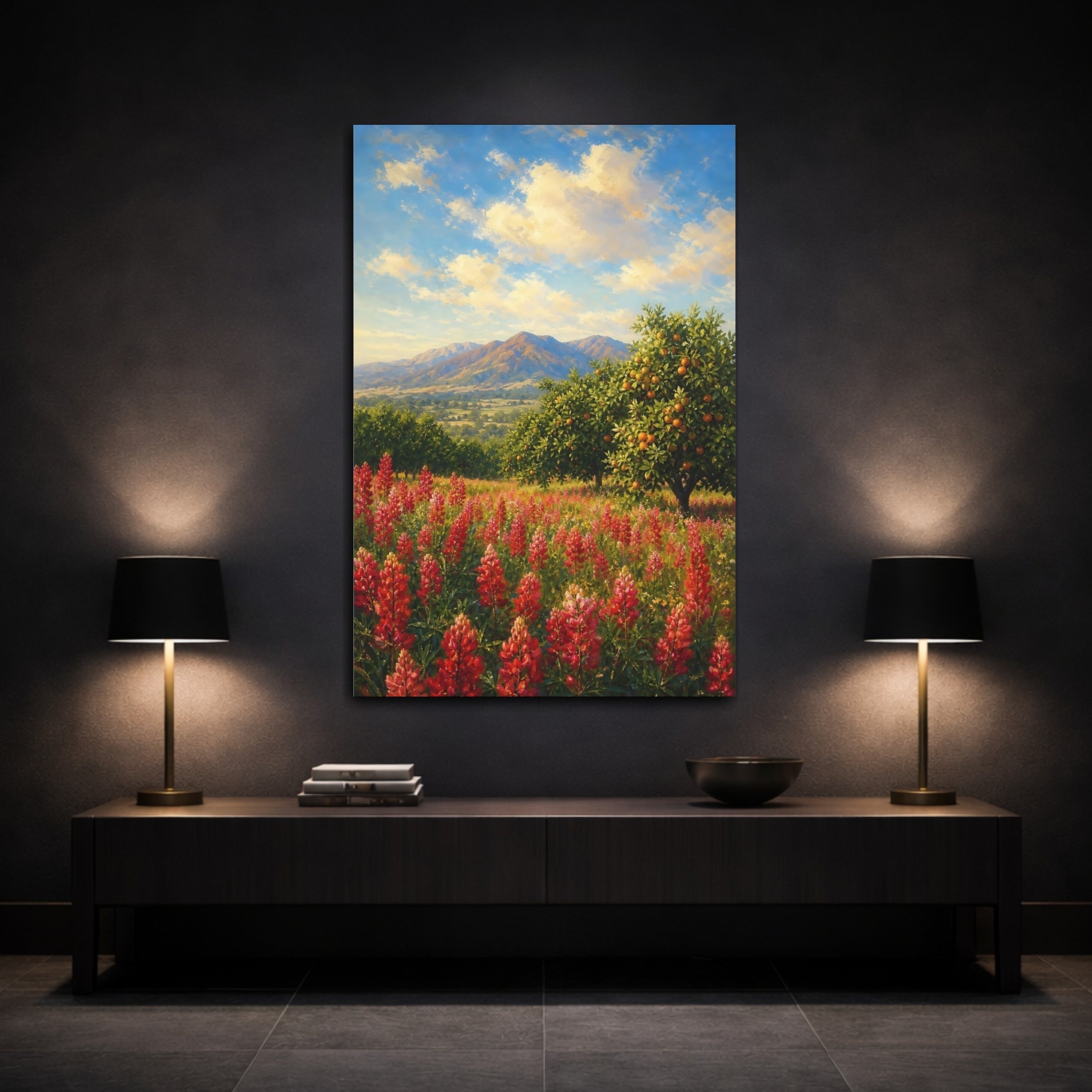 Mockup 3. Nature Red Flowers Red Flowers Landscape shown as stretched canvas wall art