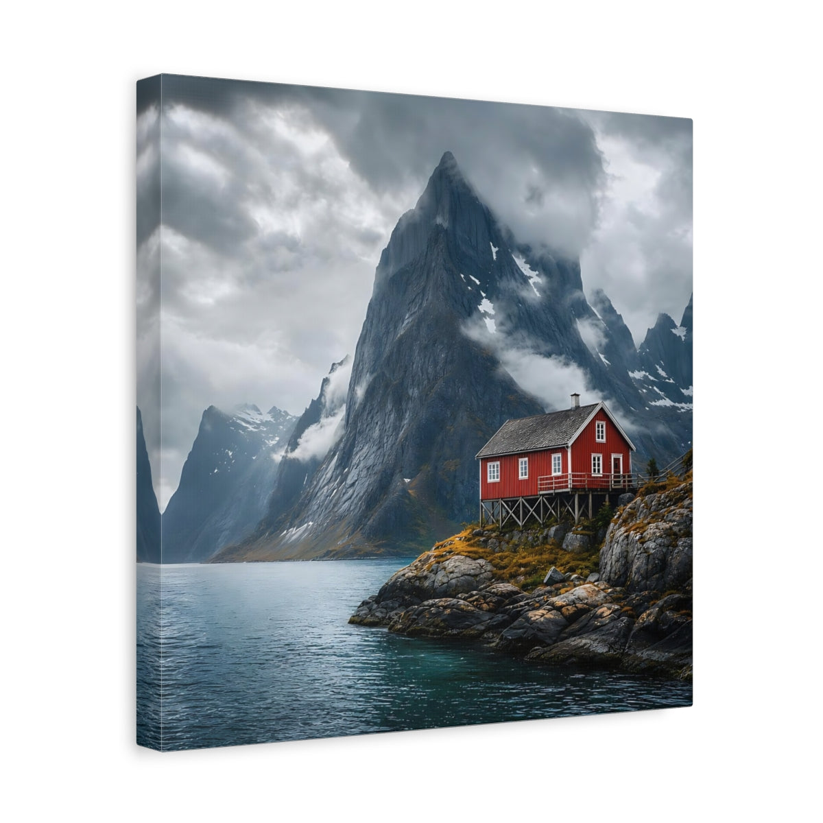 Side Mockup 7. Nature Red House Red House Mountain Lake shown as stretched canvas wall art