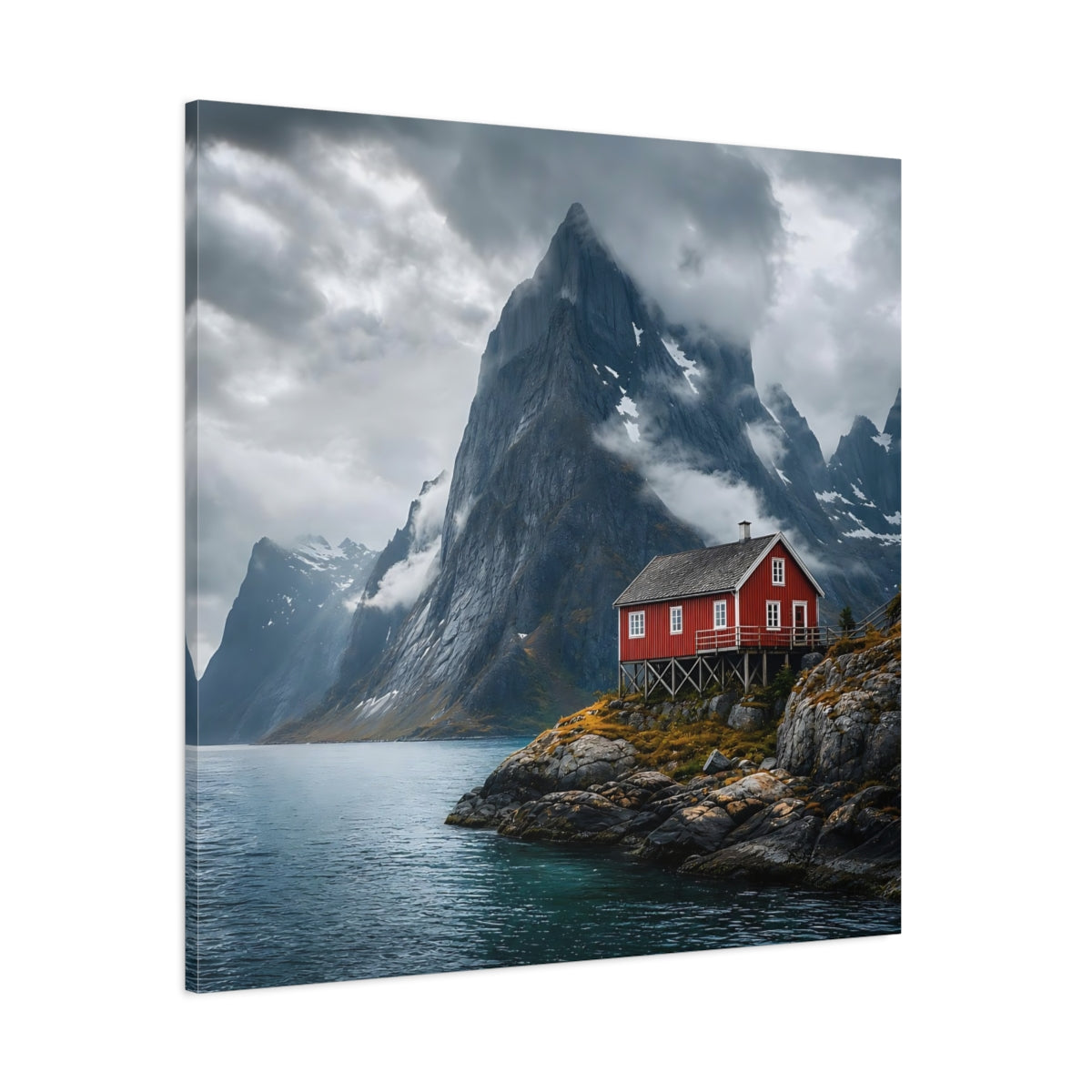 Side Mockup 1. Nature Red House Red House Mountain Lake shown as stretched canvas wall art