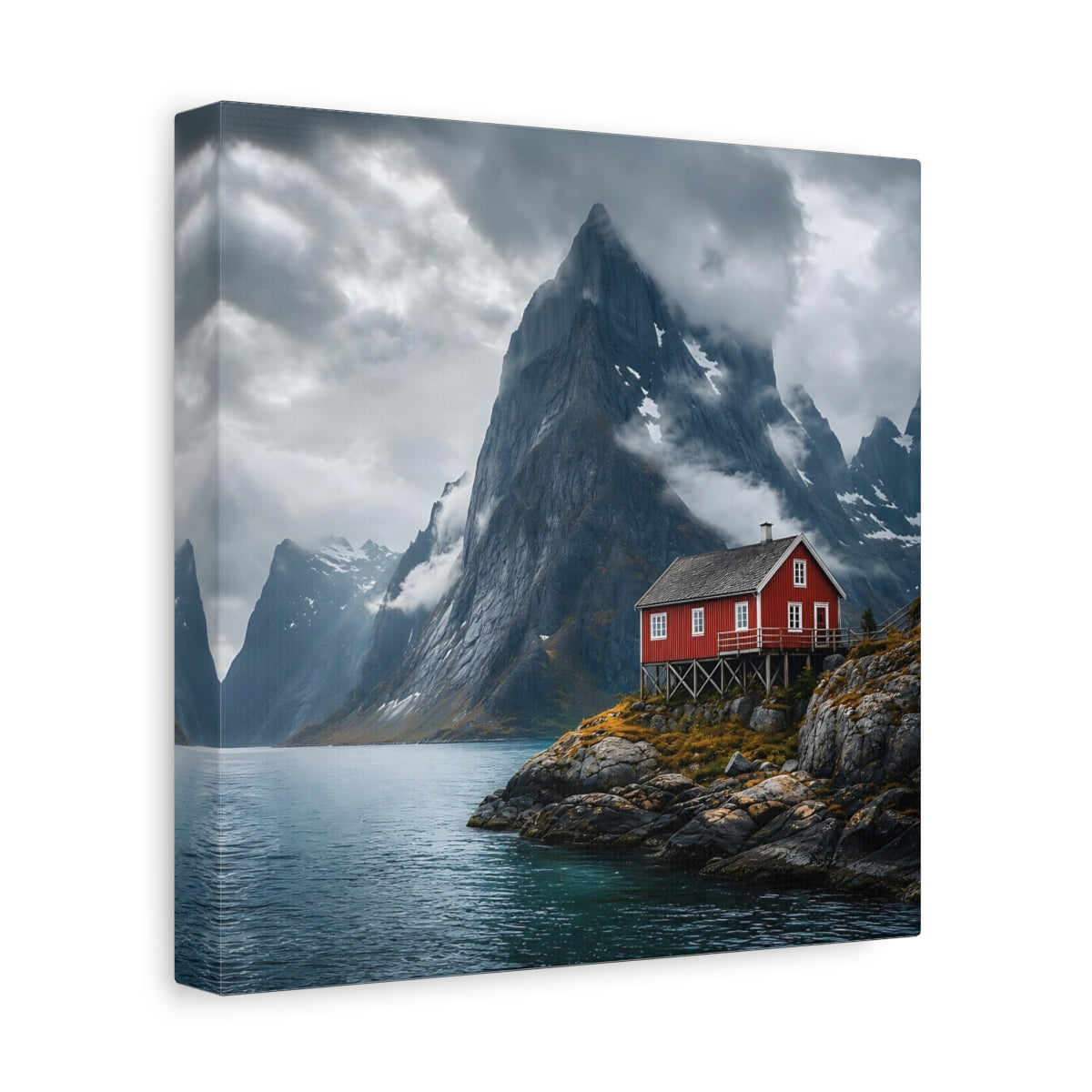 Side Mockup 9. Nature Red House Red House Mountain Lake shown as stretched canvas wall art