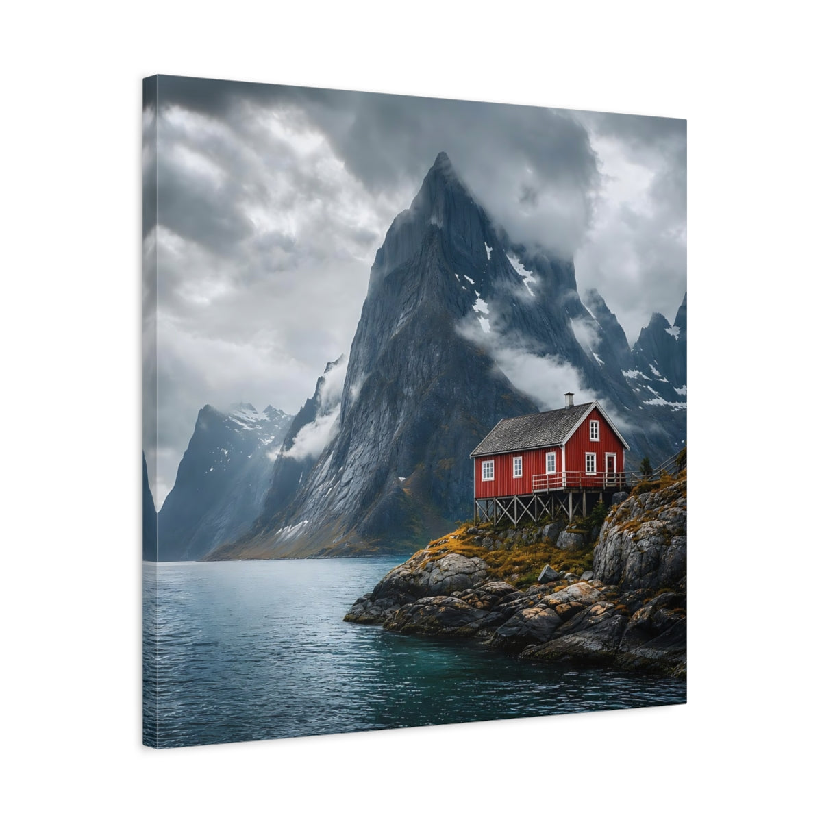 Side Mockup 4. Nature Red House Red House Mountain Lake shown as stretched canvas wall art