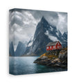 Side Mockup 2. Nature Red House Red House Mountain Lake shown as stretched canvas wall art