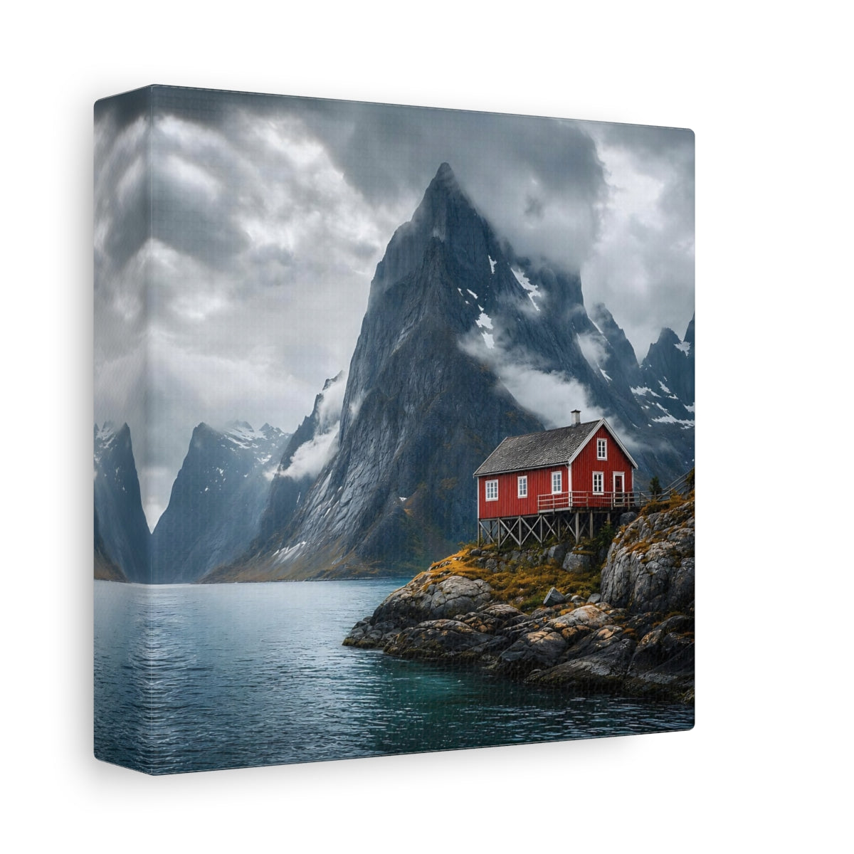 Side Mockup 2. Nature Red House Red House Mountain Lake shown as stretched canvas wall art