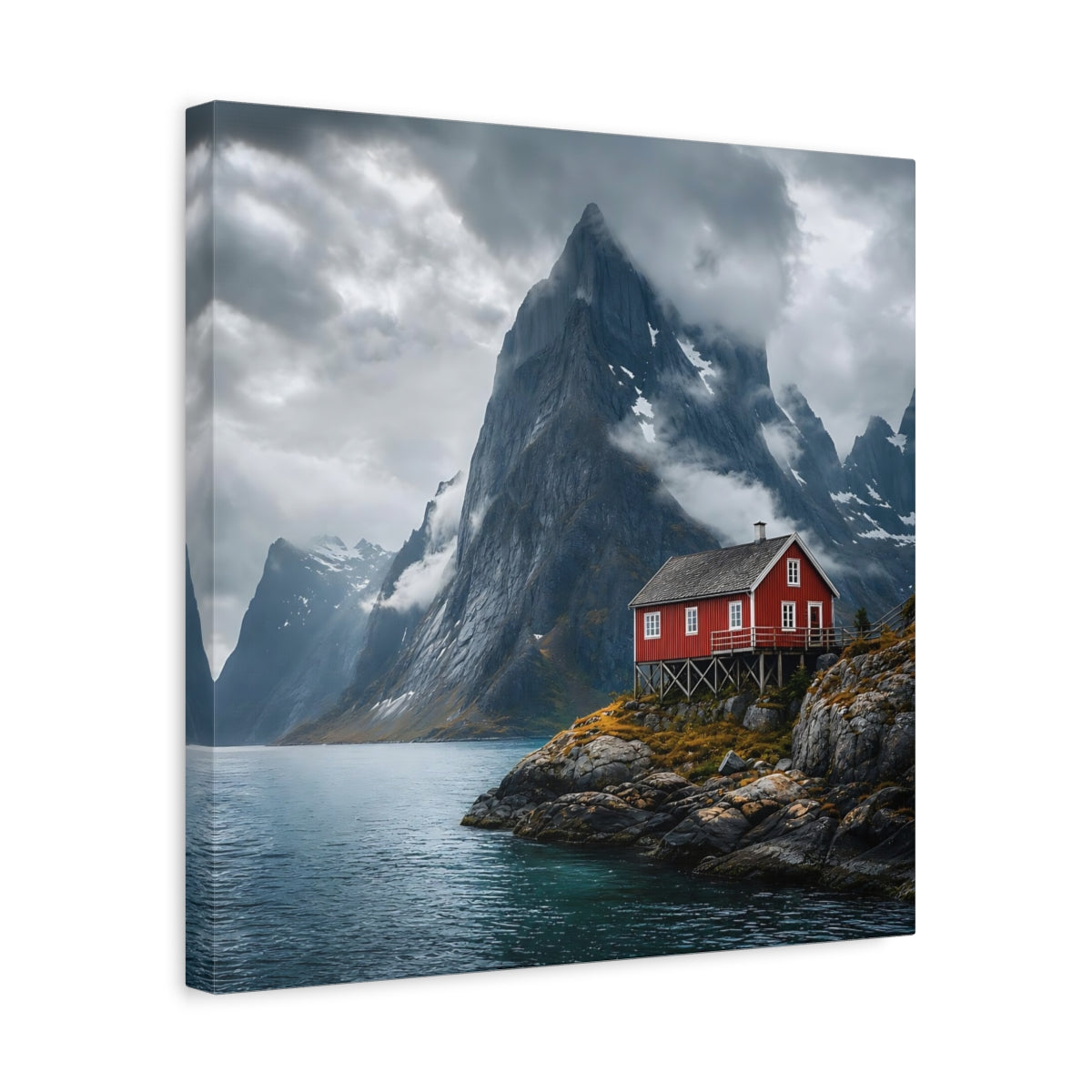 Side Mockup 6. Nature Red House Red House Mountain Lake shown as stretched canvas wall art