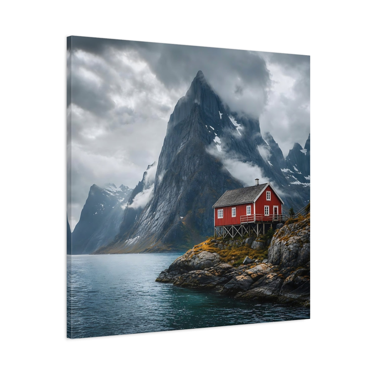 Main Mockup. Nature Red House Red House Mountain Lake shown as stretched canvas wall art