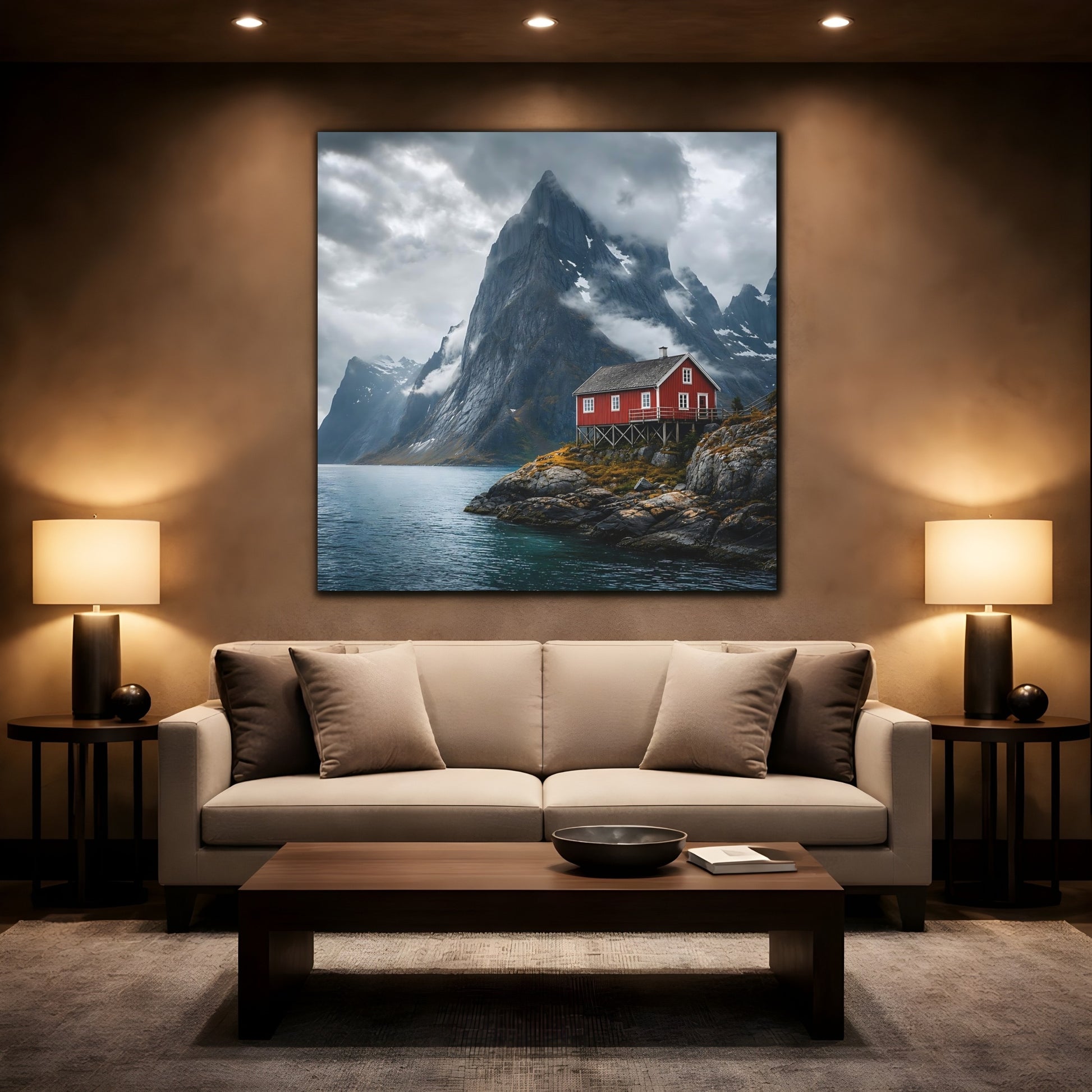 Mockup 2. Nature Red House Red House Mountain Lake shown as stretched canvas wall art
