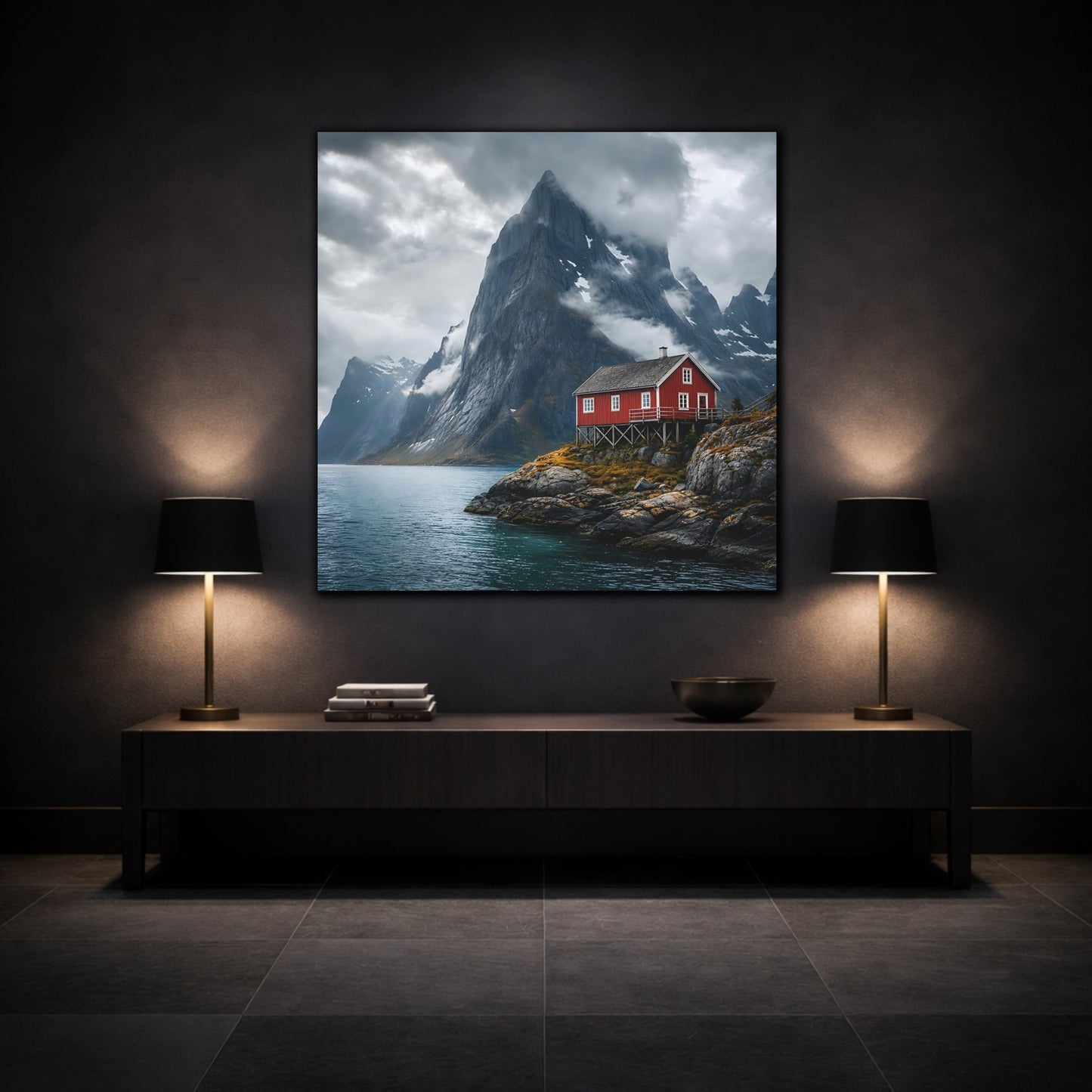 Mockup 3. Nature Red House Red House Mountain Lake shown as stretched canvas wall art