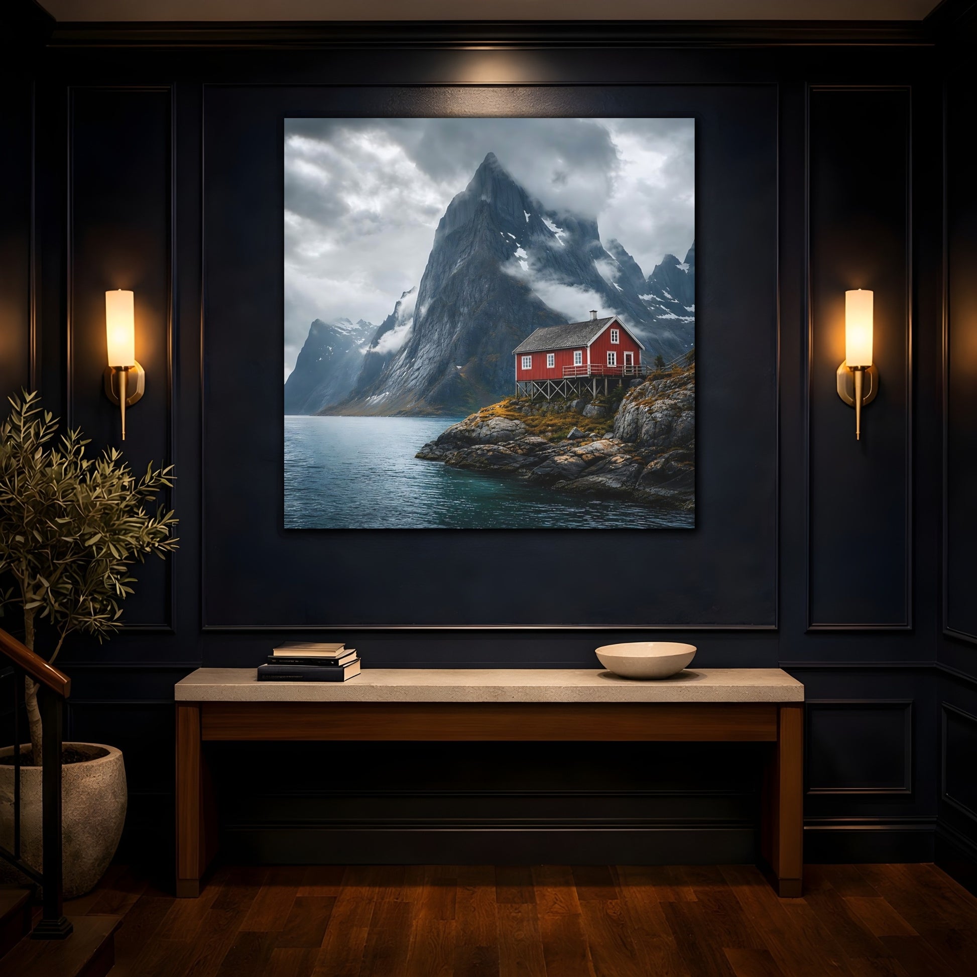 Mockup 4. Nature Red House Red House Mountain Lake shown as stretched canvas wall art