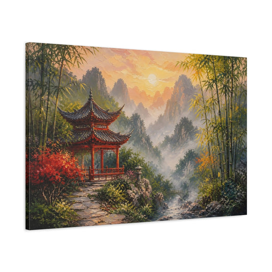 Main Mockup. Nature Red Pagoda Asian Landscape Sunset shown as stretched canvas wall art