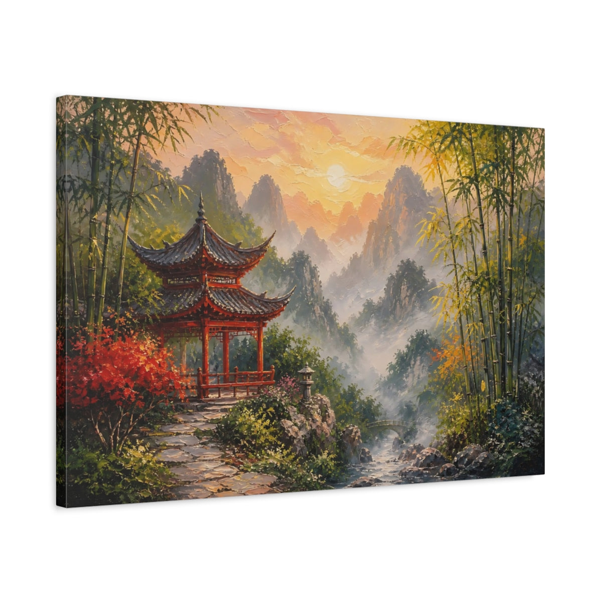 Side Mockup 2. Nature Red Pagoda Asian Landscape Sunset shown as stretched canvas wall art
