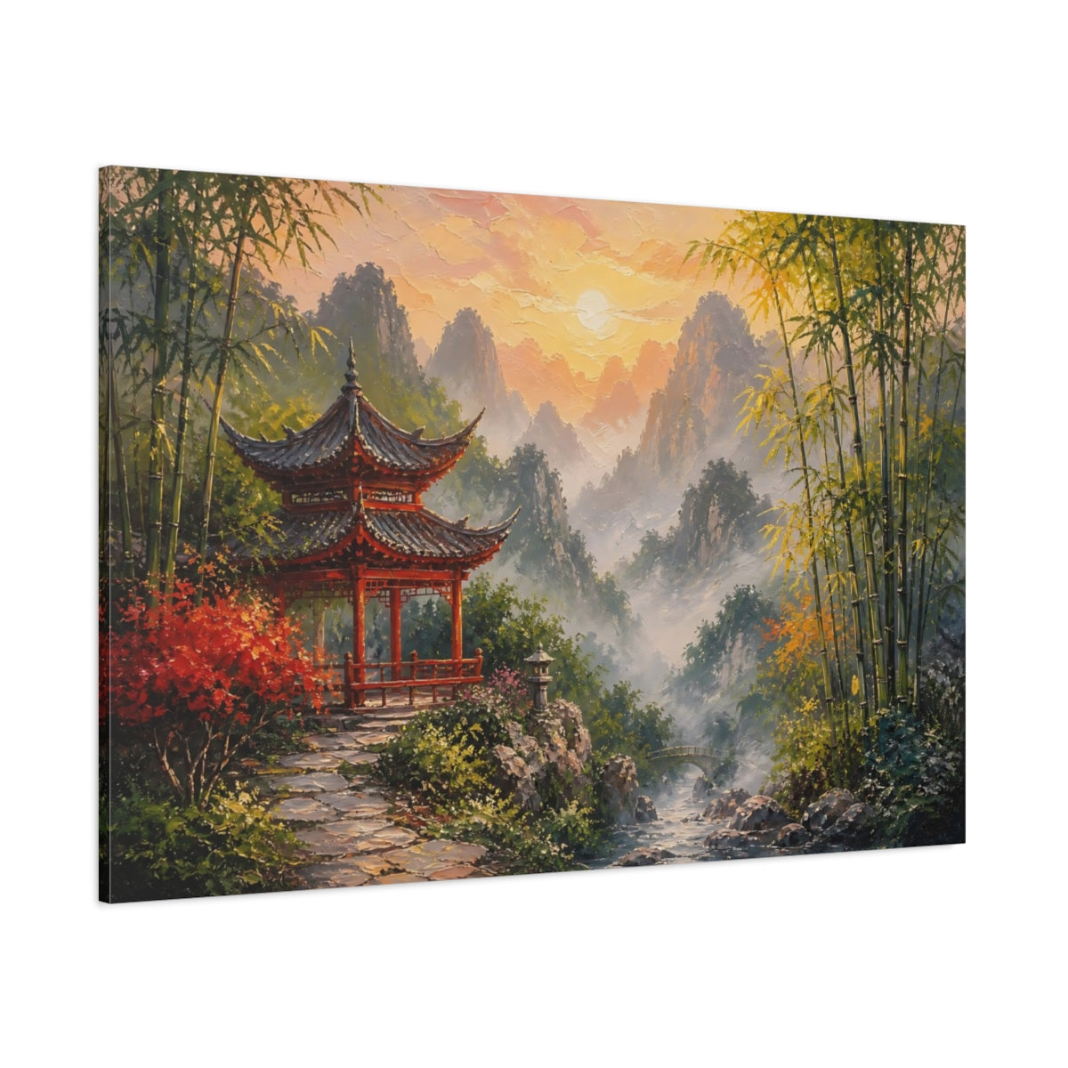 Side Mockup 1. Nature Red Pagoda Asian Landscape Sunset shown as stretched canvas wall art