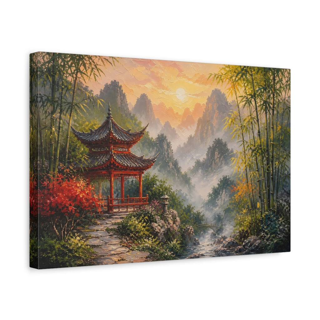 Side Mockup 4. Nature Red Pagoda Asian Landscape Sunset shown as stretched canvas wall art