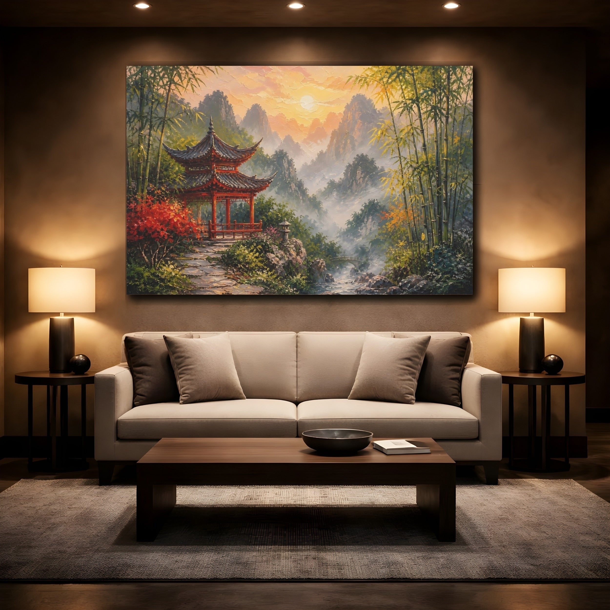 Mockup 2. Nature Red Pagoda Asian Landscape Sunset shown as stretched canvas wall art