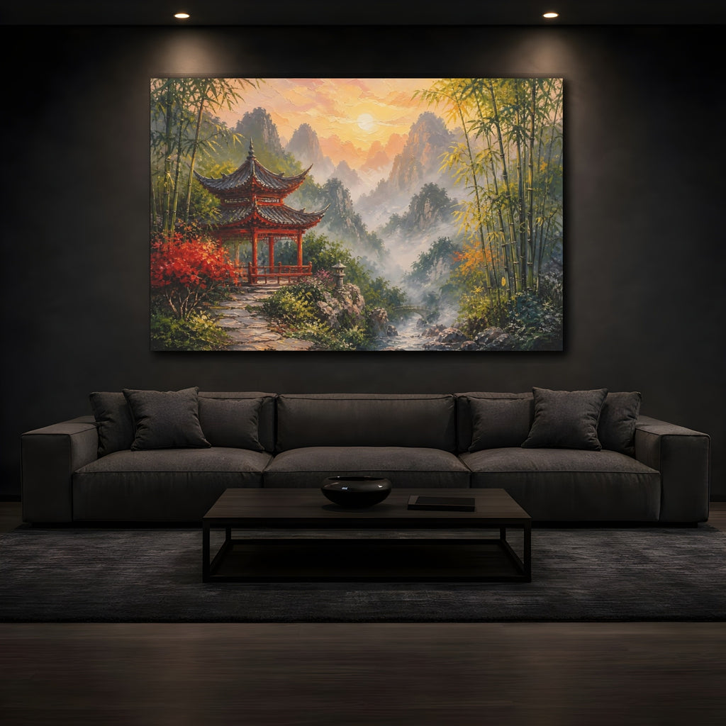 Mockup 3. Nature Red Pagoda Asian Landscape Sunset shown as stretched canvas wall art