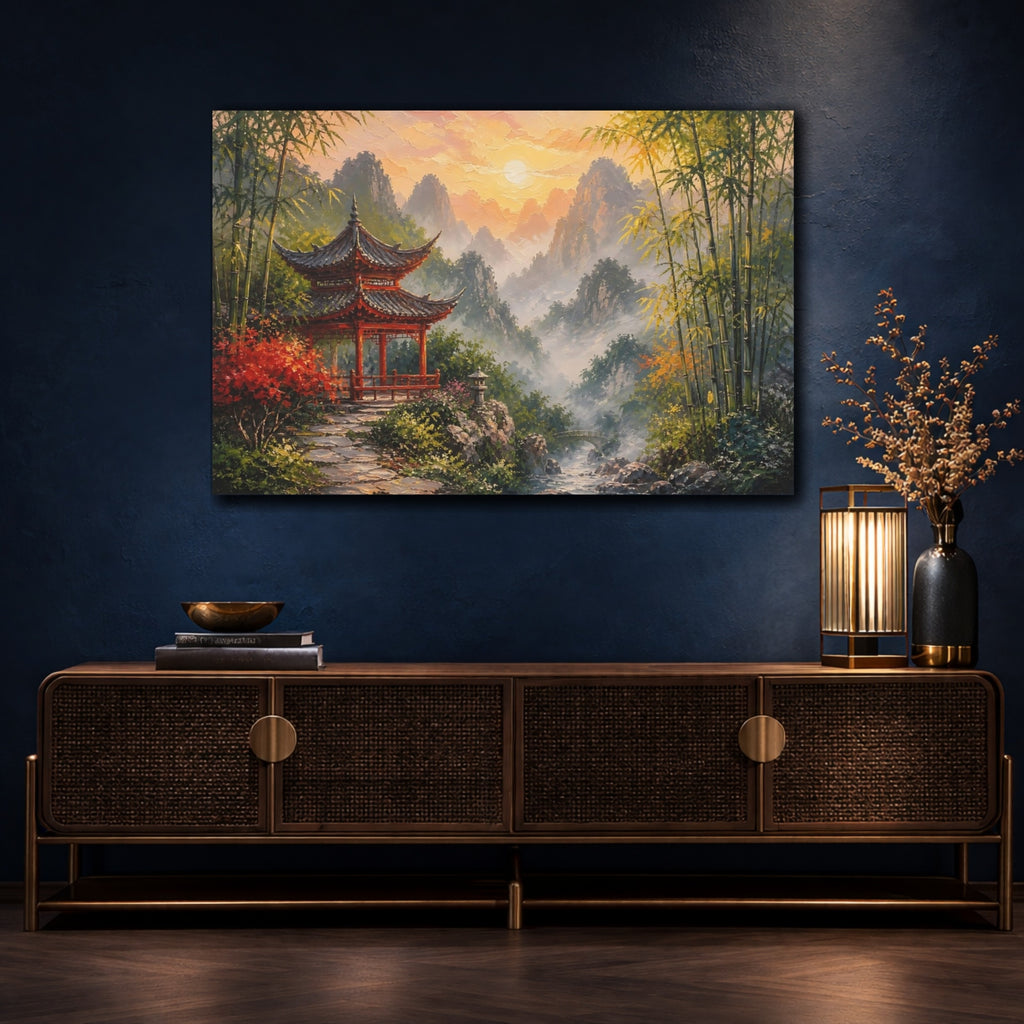 Mockup 4. Nature Red Pagoda Asian Landscape Sunset shown as stretched canvas wall art