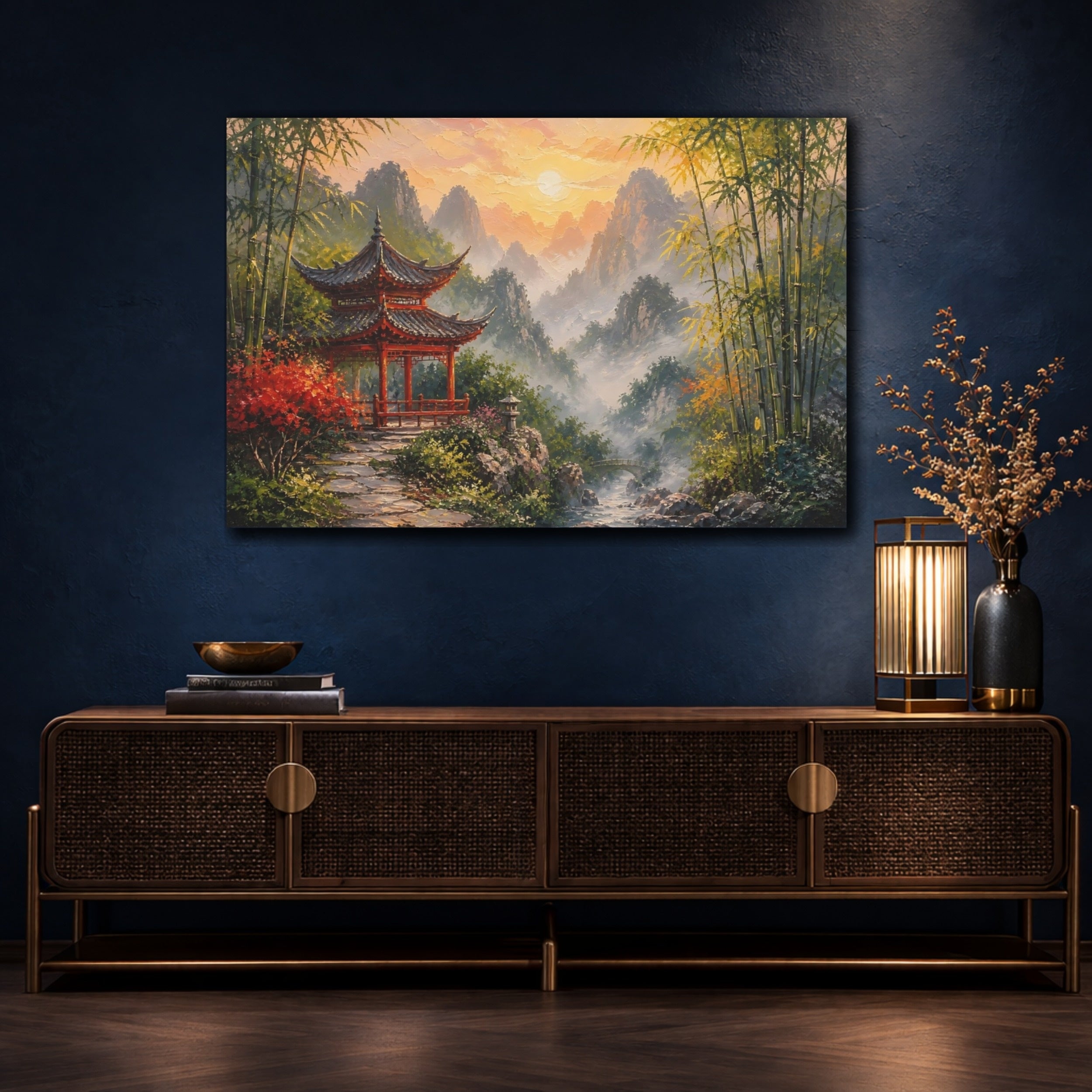 Mockup 4. Nature Red Pagoda Asian Landscape Sunset shown as stretched canvas wall art
