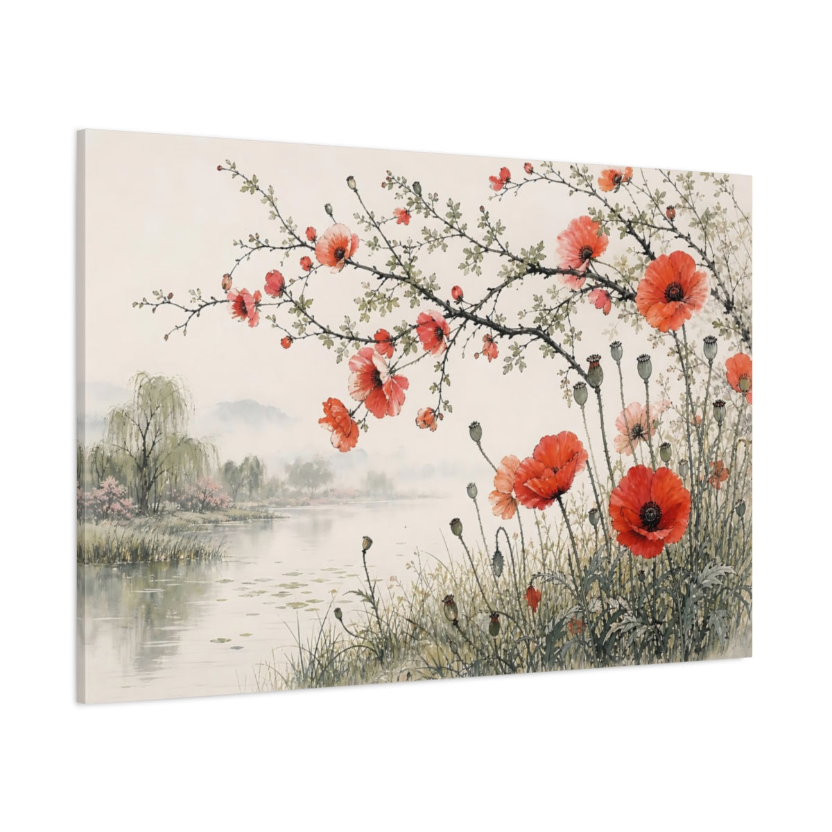 Side Mockup 1. Nature Red Poppies Red Poppies Landscape shown as stretched canvas wall art