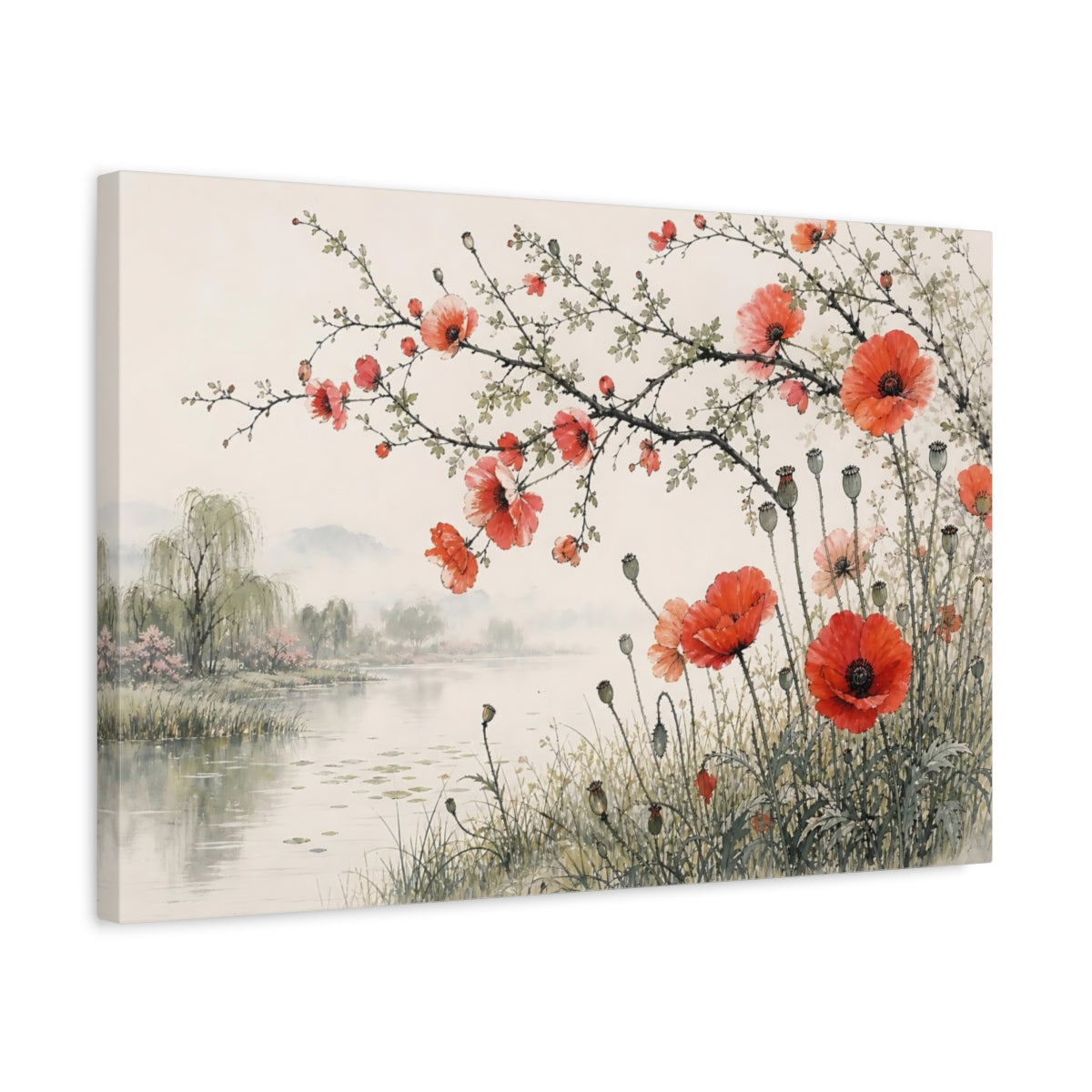 Side Mockup 3. Nature Red Poppies Red Poppies Landscape shown as stretched canvas wall art