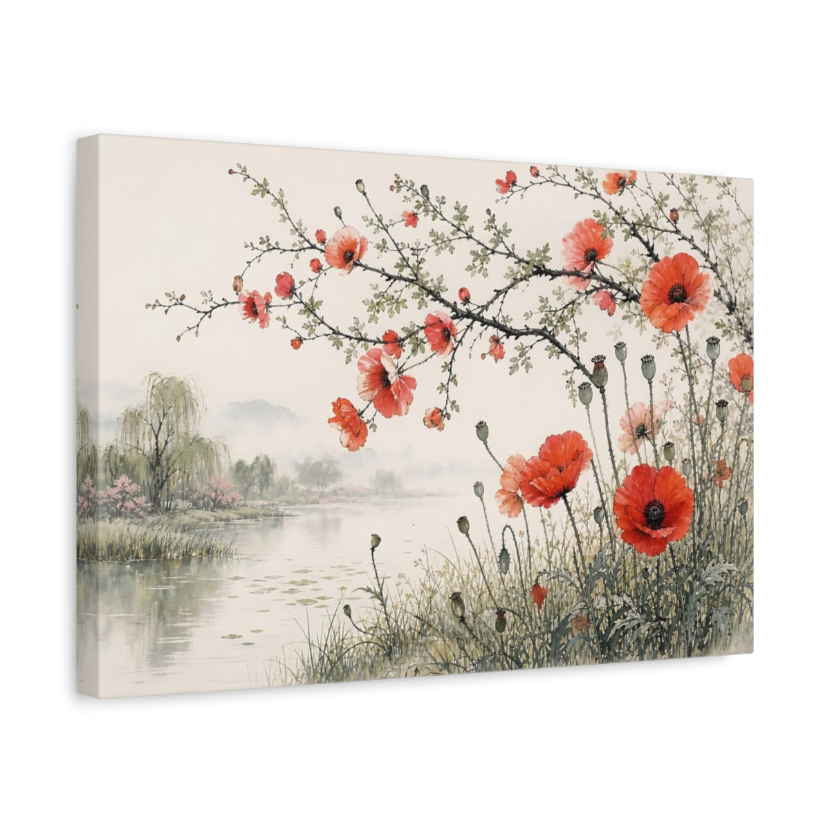 Side Mockup 4. Nature Red Poppies Red Poppies Landscape shown as stretched canvas wall art