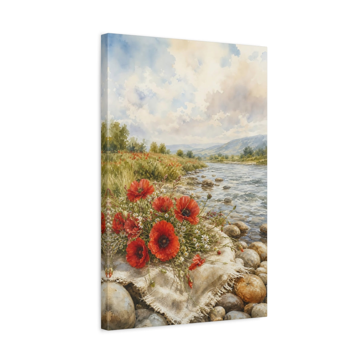 Side Mockup 3. Nature Red Poppies Red Poppies Landscape shown as stretched canvas wall art