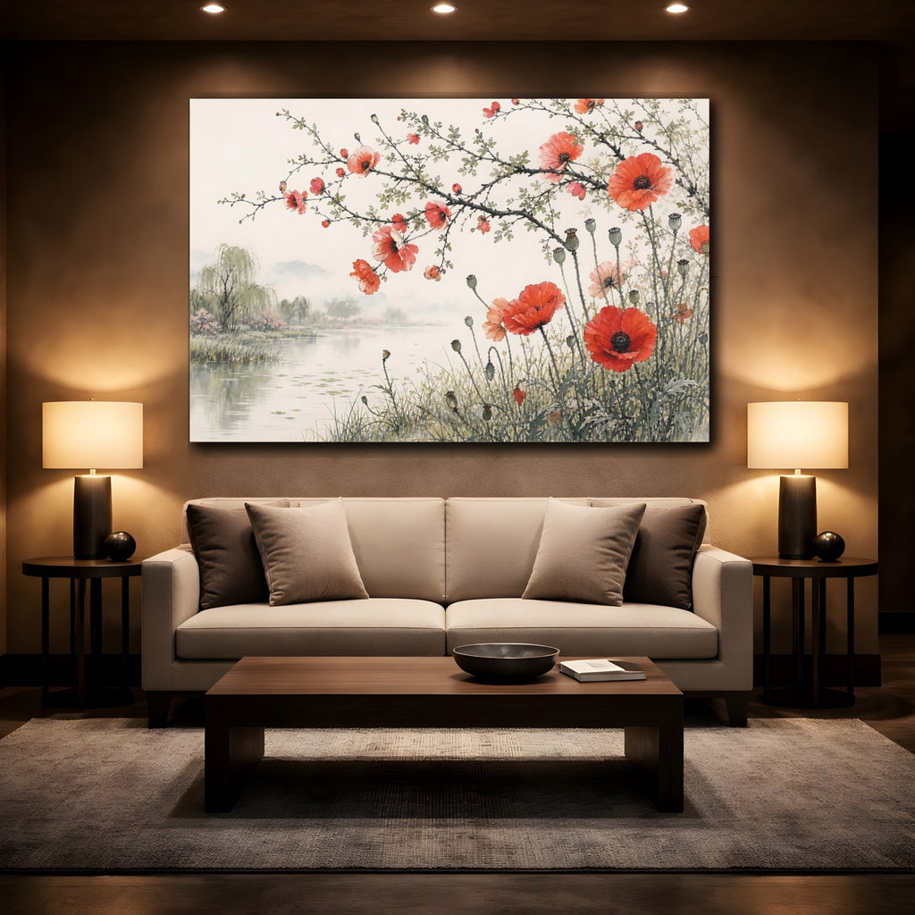Mockup 2. Nature Red Poppies Red Poppies Landscape shown as stretched canvas wall art