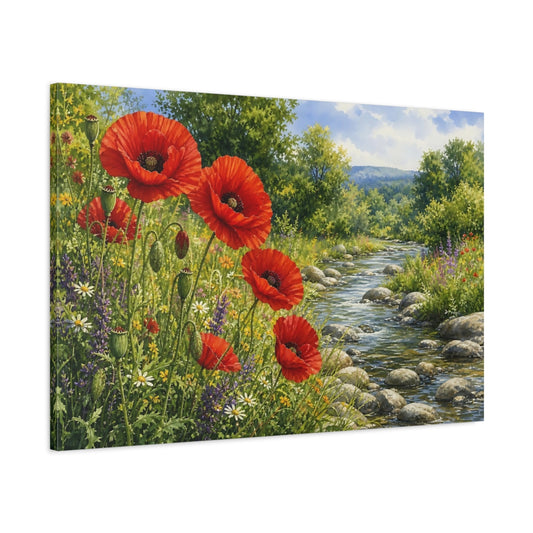 Main Mockup. Nature Red Poppies Vibrant Poppies Stream shown as stretched canvas wall art