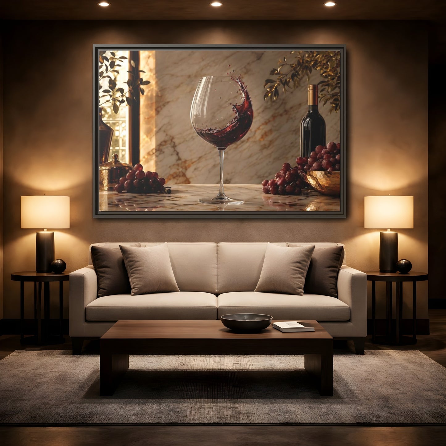 Mockup 2. Nature Red Wine Red Wine And Grapes shown as stretched canvas wall art